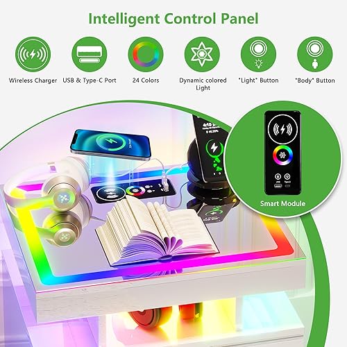 Miniatura 27 de HNEBC Mesita de noche LED, mesita de noche negra con estación de carga, USB + tipo C + carga inalámbrica, mesita de noche inteligente con sensor