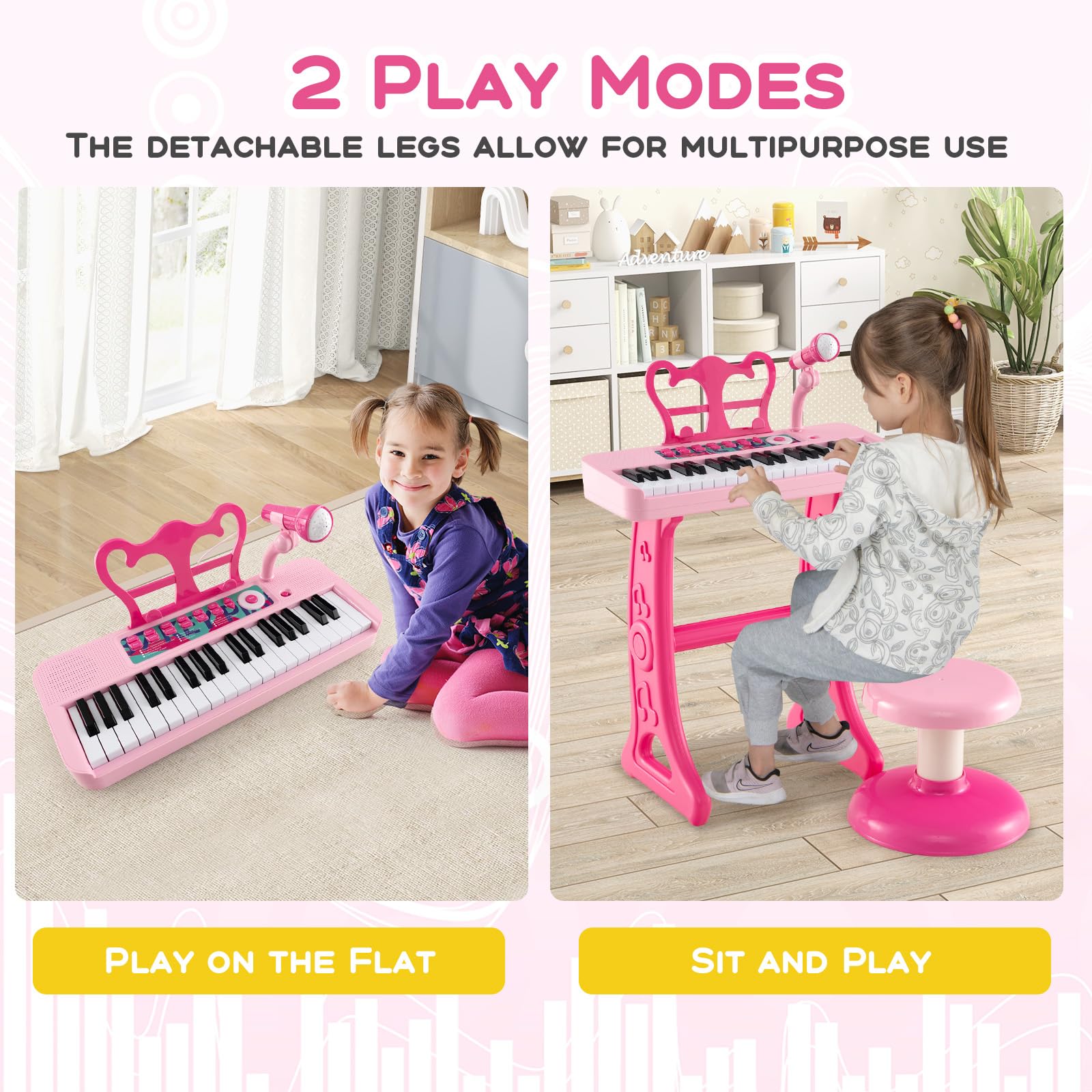 FANTASK Tastiera per bambini a 37 tasti, con sgabello e microfono (rosa)