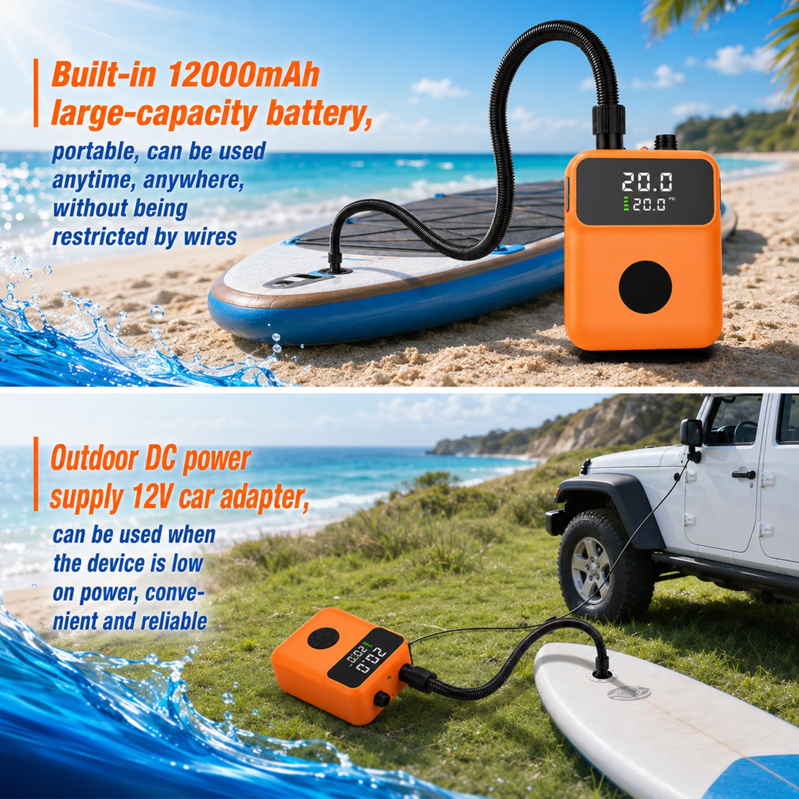 Pompe électrique SUP 20 PSI avec lumière, mini pompe SUP électrique portable, gonflage/dégonflage intelligent, arrêt automatique pour planches SUP, kayak, tente, matelas