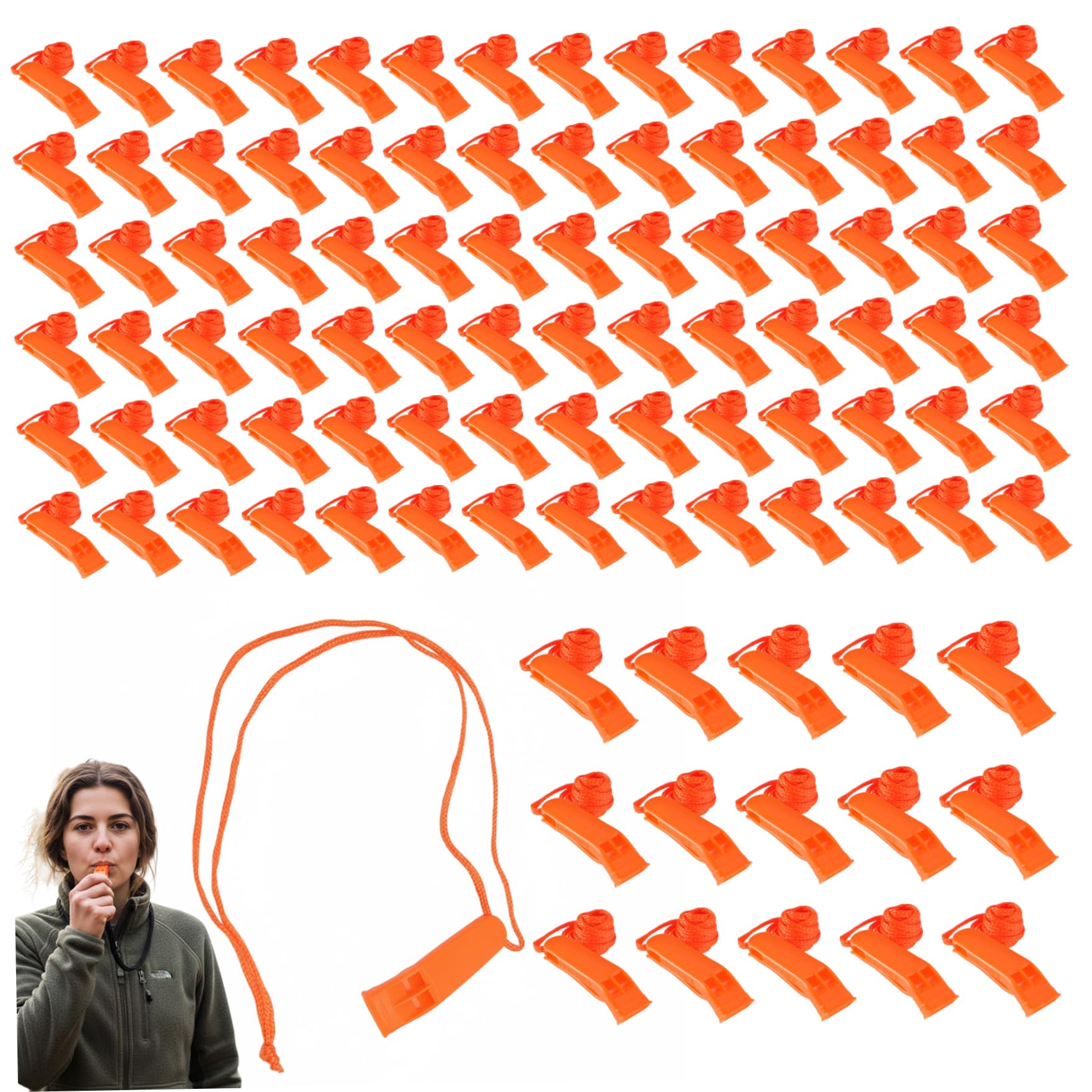 Jorzer Silbato de Emergencia 100PCS Silbato de Seguridad de plástico Ruidoso con cordón Equipo de Supervivencia para Kayak Barco de Pesca Camping Senderismo Caza de Emergencia..