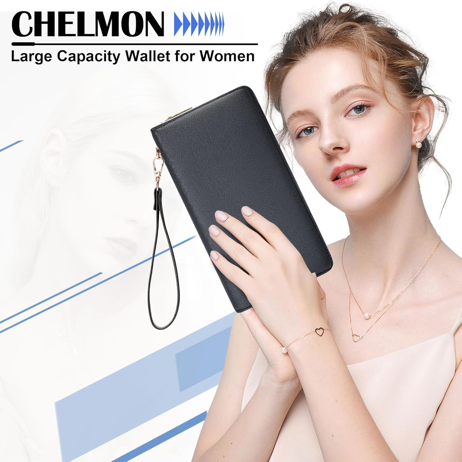 Chelmon Women's Vegan Leather Clutch Wallet with Zip, Hand Strap, Large Capacity - Image 6