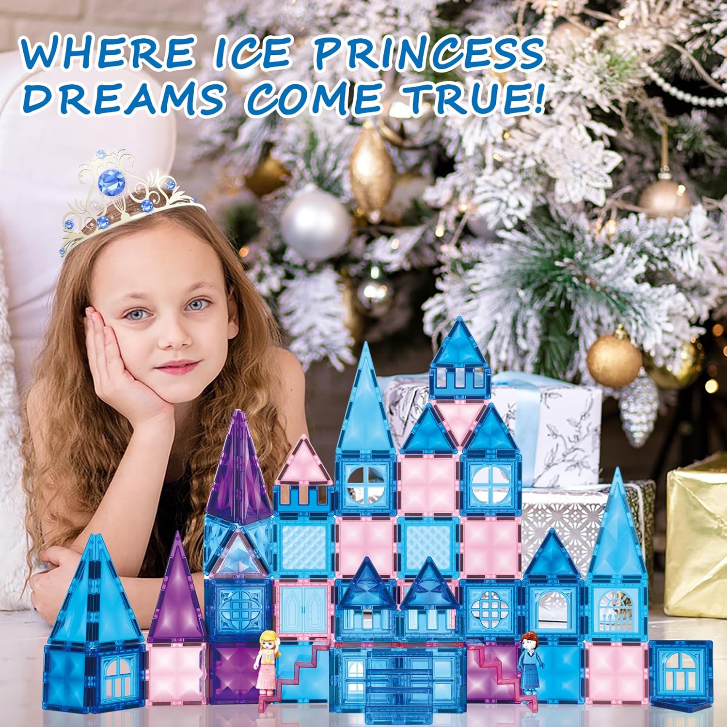 Princess Castle Magnetic Tiles 110 PCS, Zippered Carrying Case + 2 Dolls Gift Included, Magnetic Blocks, Toys for Girls, 3 4 5 6 7 8 Year Olds Birthday Gift Ideas for Girls