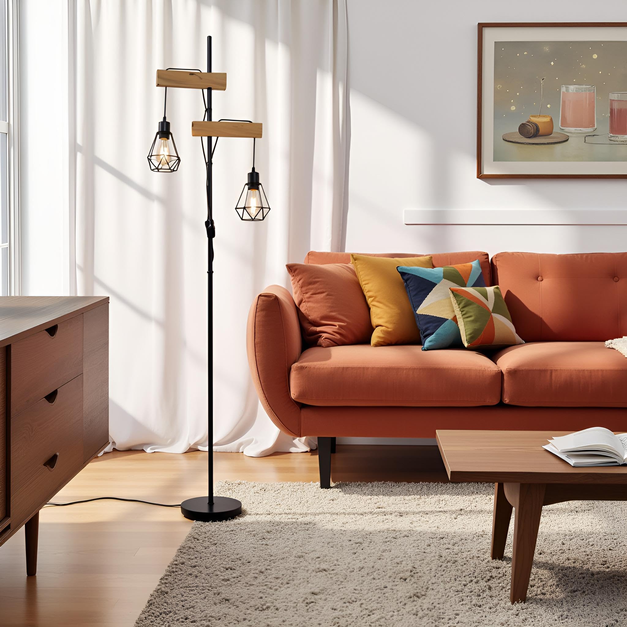 Industrielle Stehlampen 2-flammig E27 LED Glühbirne, Vintage rustikal Design mit Natür Holz und Schwarzem Metall, für Wohnzimmer esszimmer flur