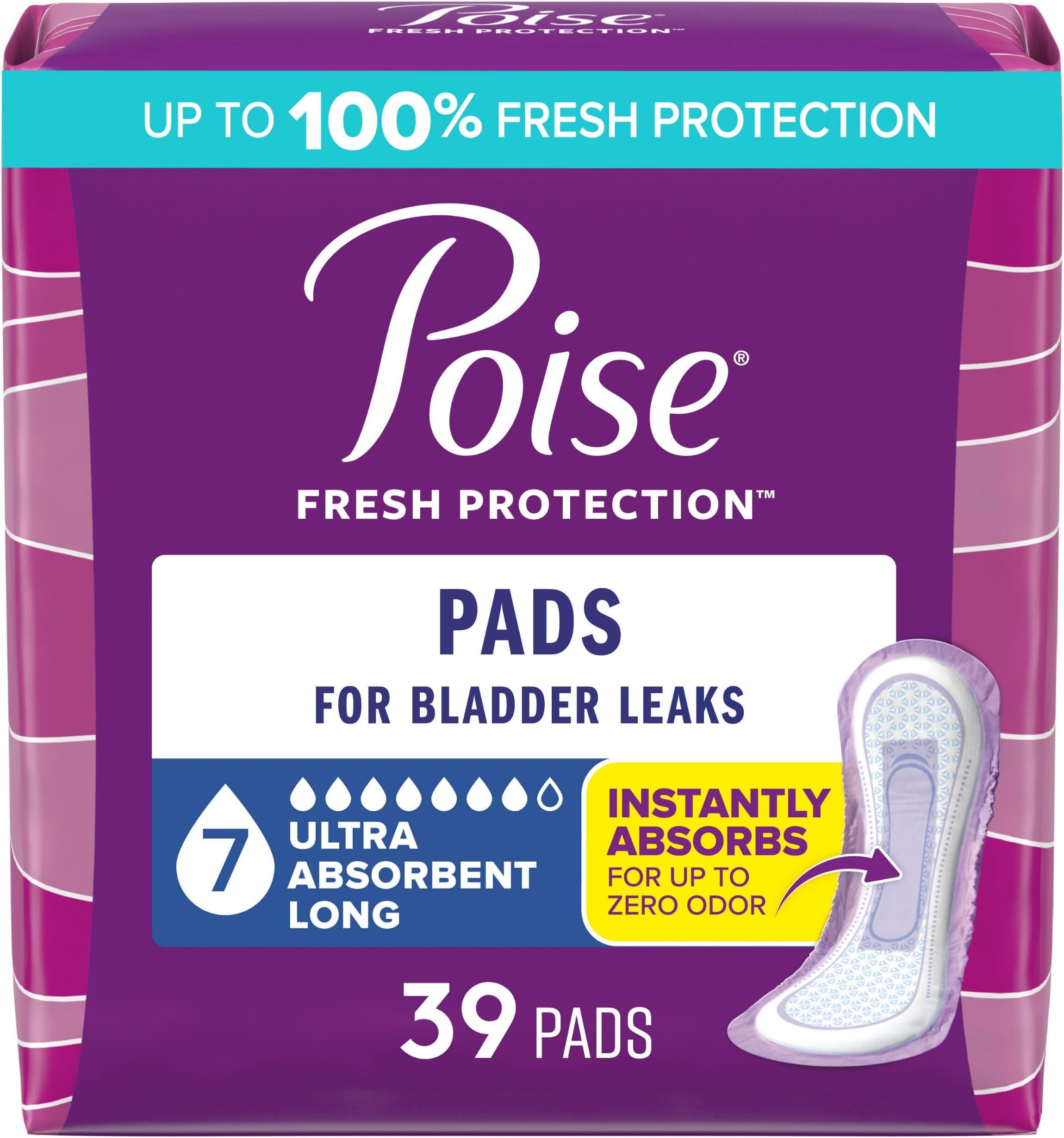 Incontinence & Postpartum Pads for Bladder Leaks, 7 Drop Ultra Absorbency, Long Length, 39 Count, Packaging May Vary