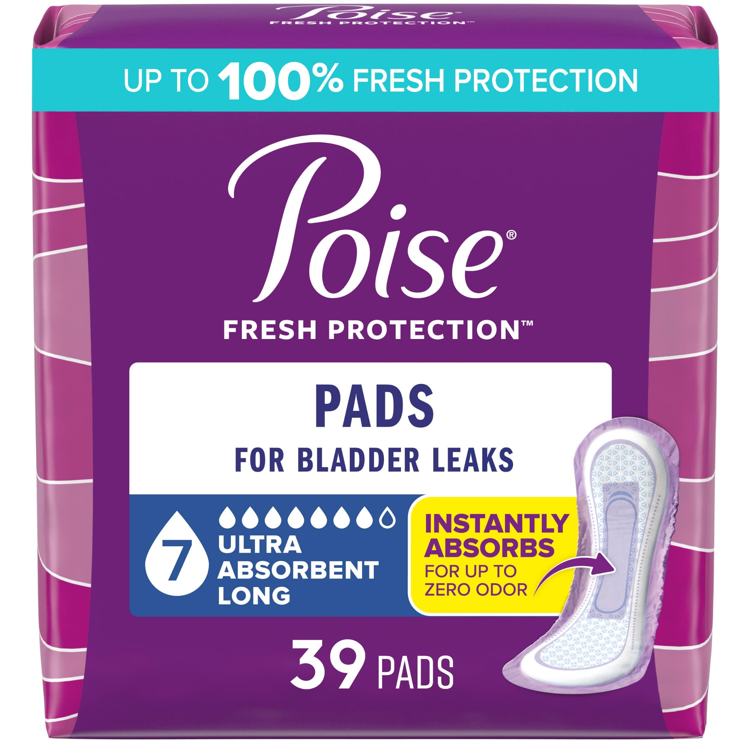 Poise Incontinence Pads & Postpartum Incontinence Pads, 7 Drop Ultra Absorbency, Long Length, 39 Count, Packaging May Vary