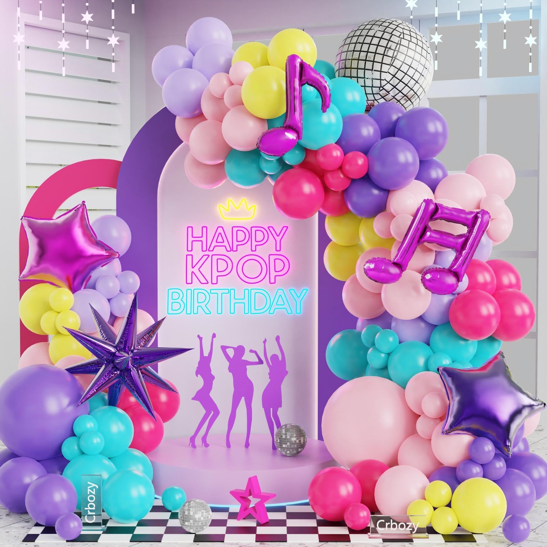 Photo 1 of 162Pcs Kpop Birthday Party Decorations, Pink Purple Balloon Garland Arch Kit with Music Note?Disco Ball Star Foil Balloons for Teen Girls Pop Star Birthday Party Decorations