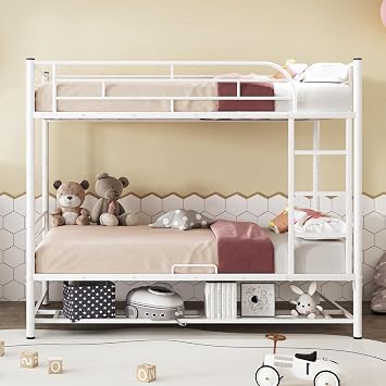 Twin Over Twin Metal Bunk Bed with Bottom Shelf, Metal Full Size Bunk Bed Frame with Guardrails for Kids Teens Adults Bedroom Apartment, Separate into 2 Tiwn Beds, Sturdy Slat Support