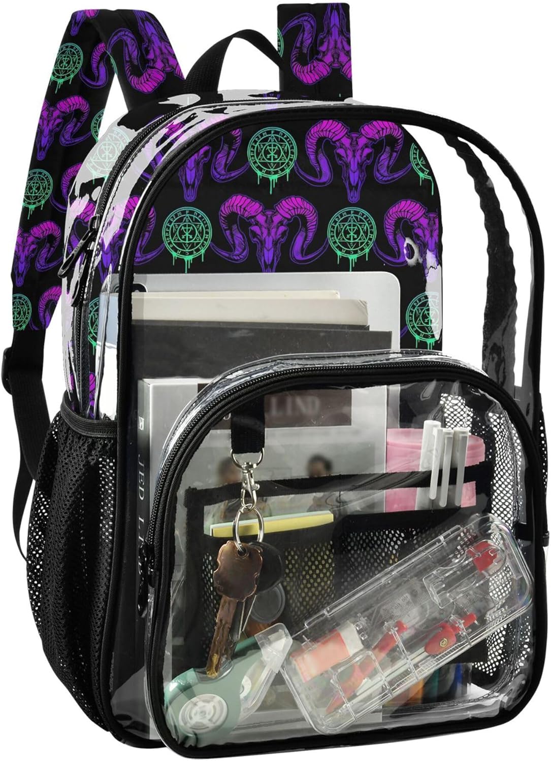 MNSRUU Large Clear Backpack for School Stadium Concerts Sports Events Goth Skull Transparent Heavy-Duty PVC Backpack with Adjustable Straps, See-Through Bag Multiple Compartments