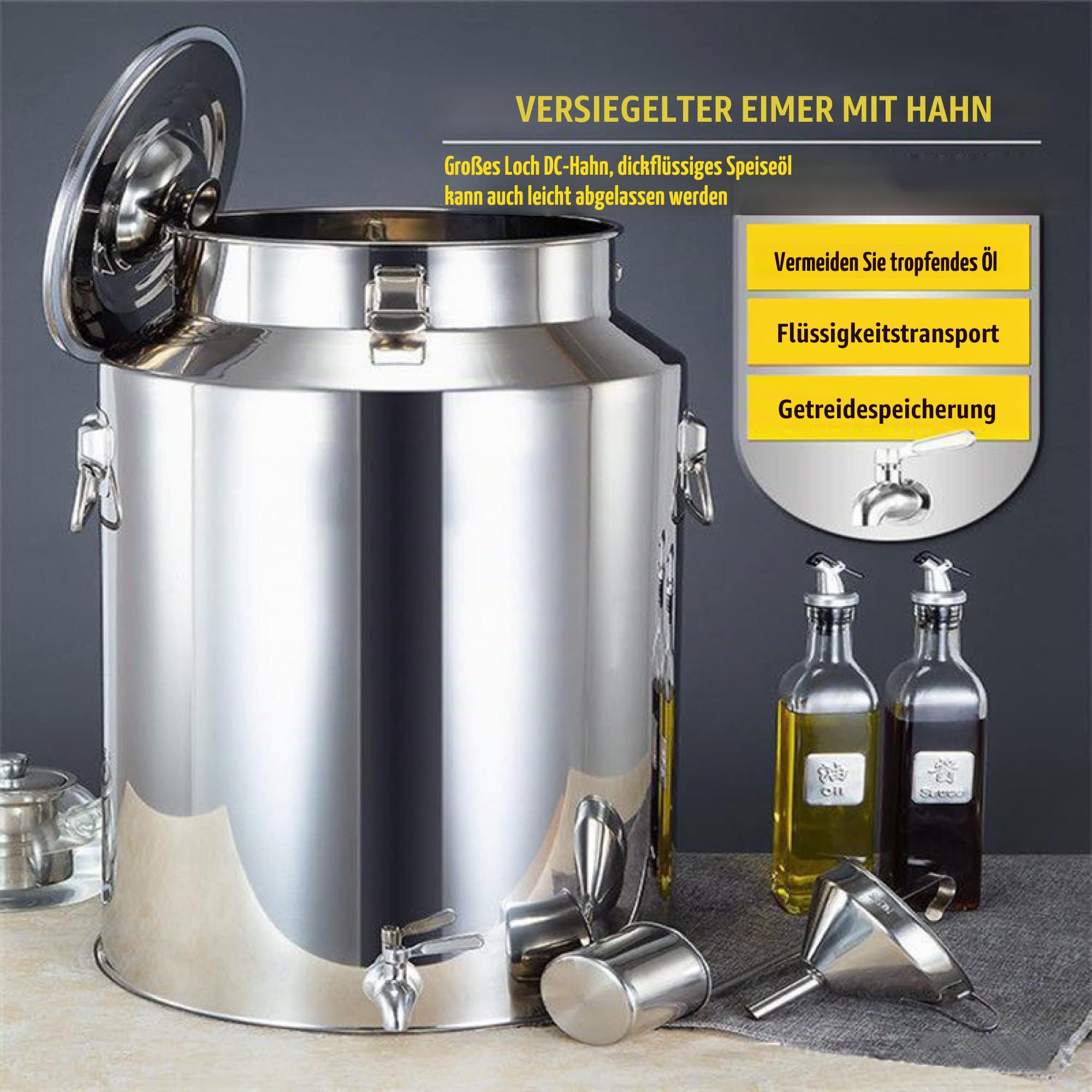Edelstahl Milchkanne 5L/14L Weinkübel Eimer Tote Krug Ölfass Tank mit versiegeltem Deckel und Spigot Milchkanne / 5L