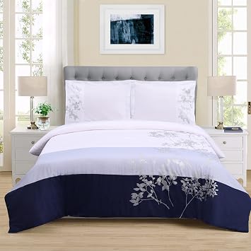 Superior 100% Cotton Duvet Cover Set, Soft 3-Piece Duvet Set, Includes 1 Duvet Cover with Button Closure, 2 Pillow Shams, Sydney Collection, Full/Queen Size, Blue