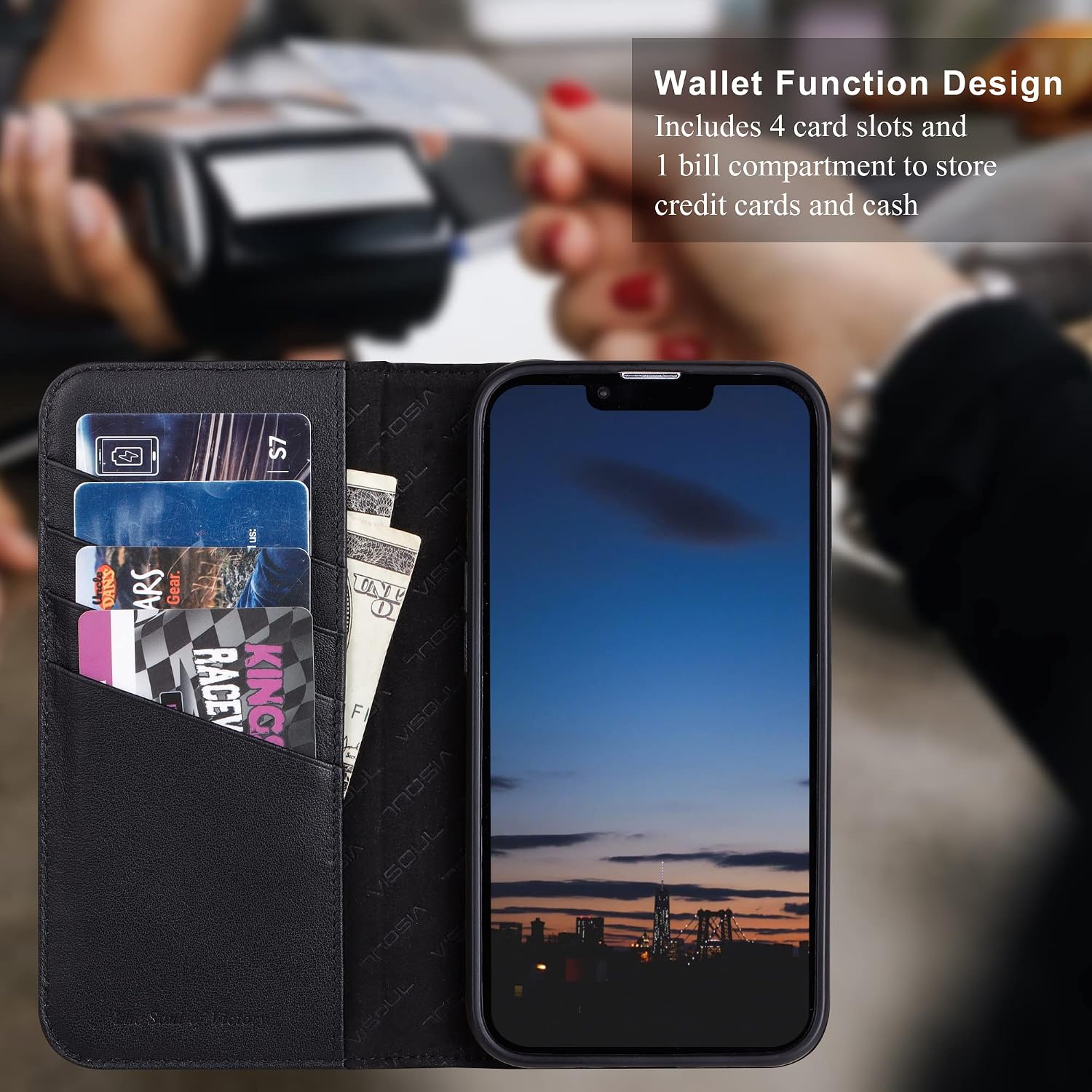 VISOUL Case for iPhone 14 Pro Max Wallet Case, Magnetic Carbon Fiber Leather Folio Case with Card Holder Flip Phone Cover for iPhone 14 Pro Max (6.7-inch)-Black+Black