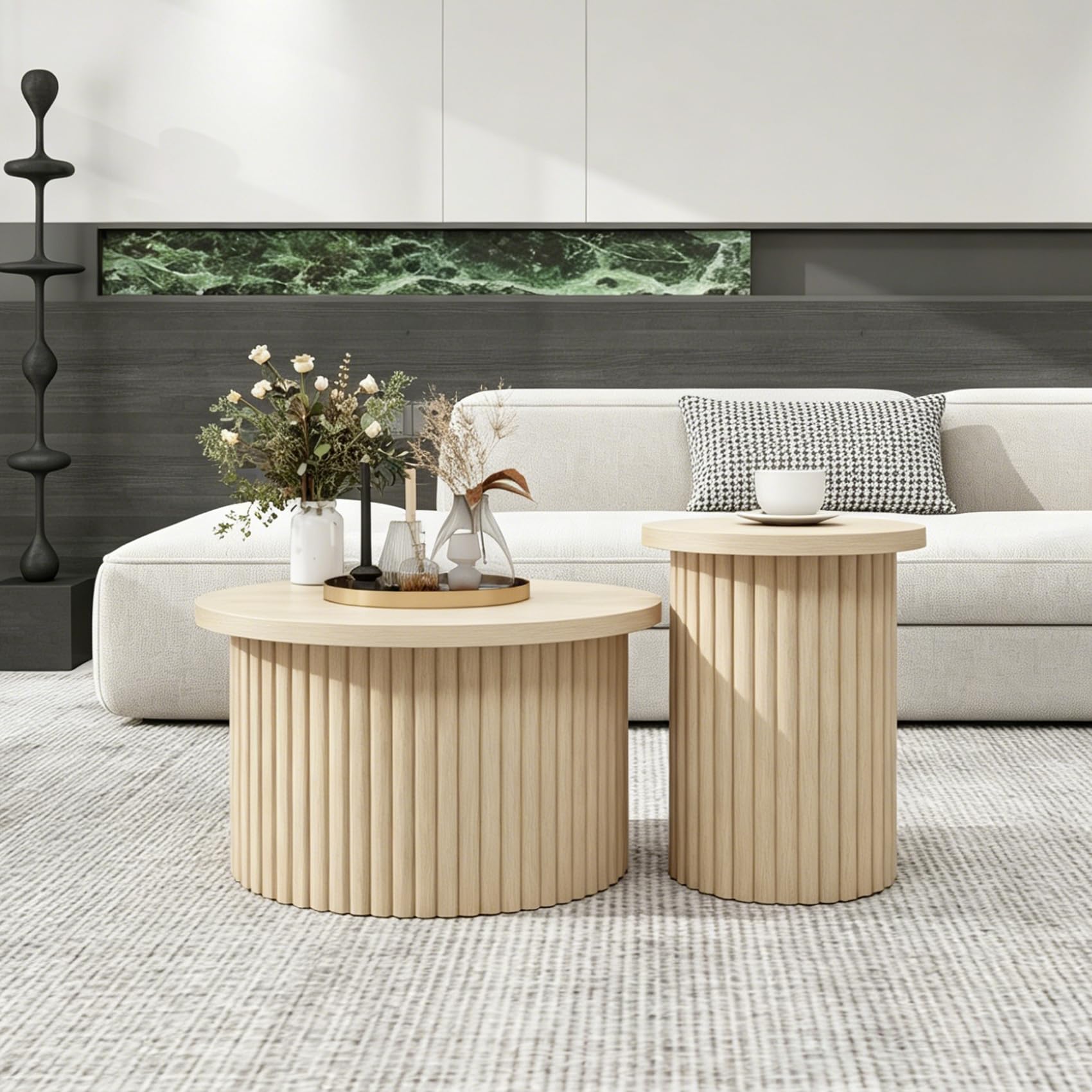 Modernes 2er Set runder Couchtische mit Wellenförmigem Design und Holzmaserung, Naturfarbe – Stilvolle Beistelltische für Wohnzimmer, Schlafzimmer, Arbeitszimmer, Balkon