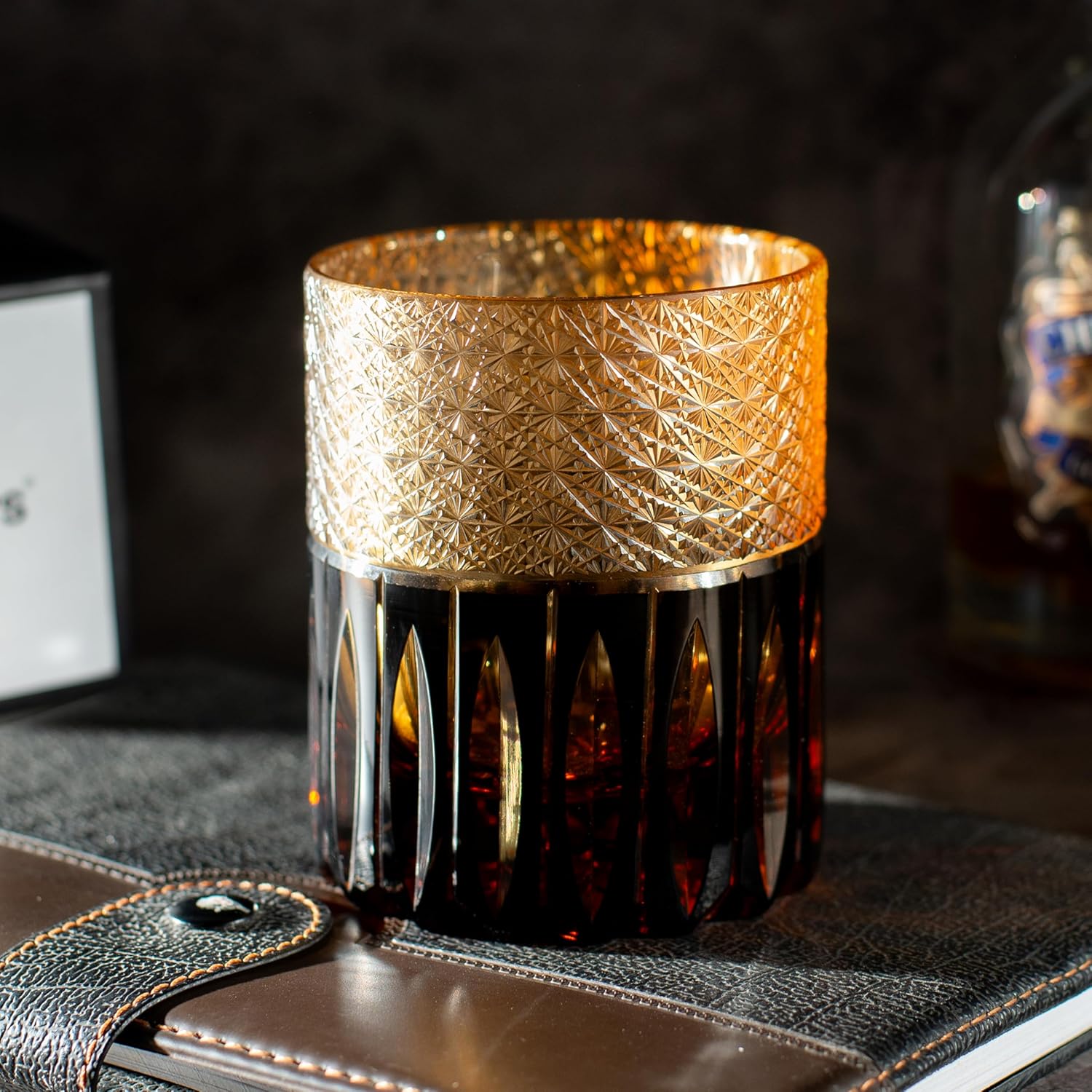 LustreCraft Black Gold Handcrafted Crystal Whiskey Glass – Luxury Lead-Free HandCut Glass with Gift Box| 280ml Elegant Old Fashioned Tumbler for Whisky, Cocktails, Spirits – Gift for Men & Women & Dad