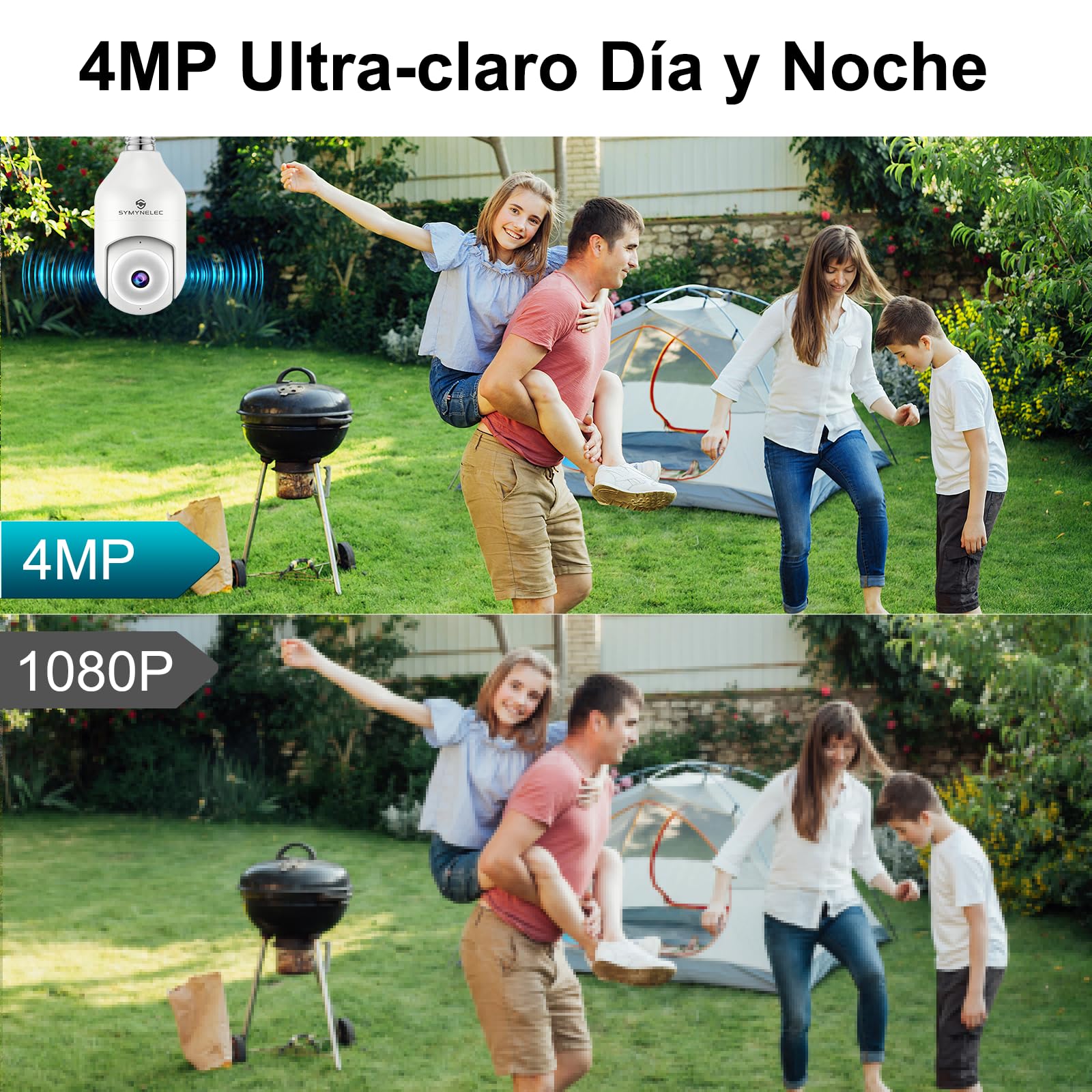 SYMYNELEC Camara de Bombilla Vigilancia WiFi Exterior 2K 4MP, Cámara de Seguridad 360°con Detección Humana AI, Seguimiento Automático, Visión Nocturna a Color, Audio Bidireccional, Alexa, IP65, 2PCS