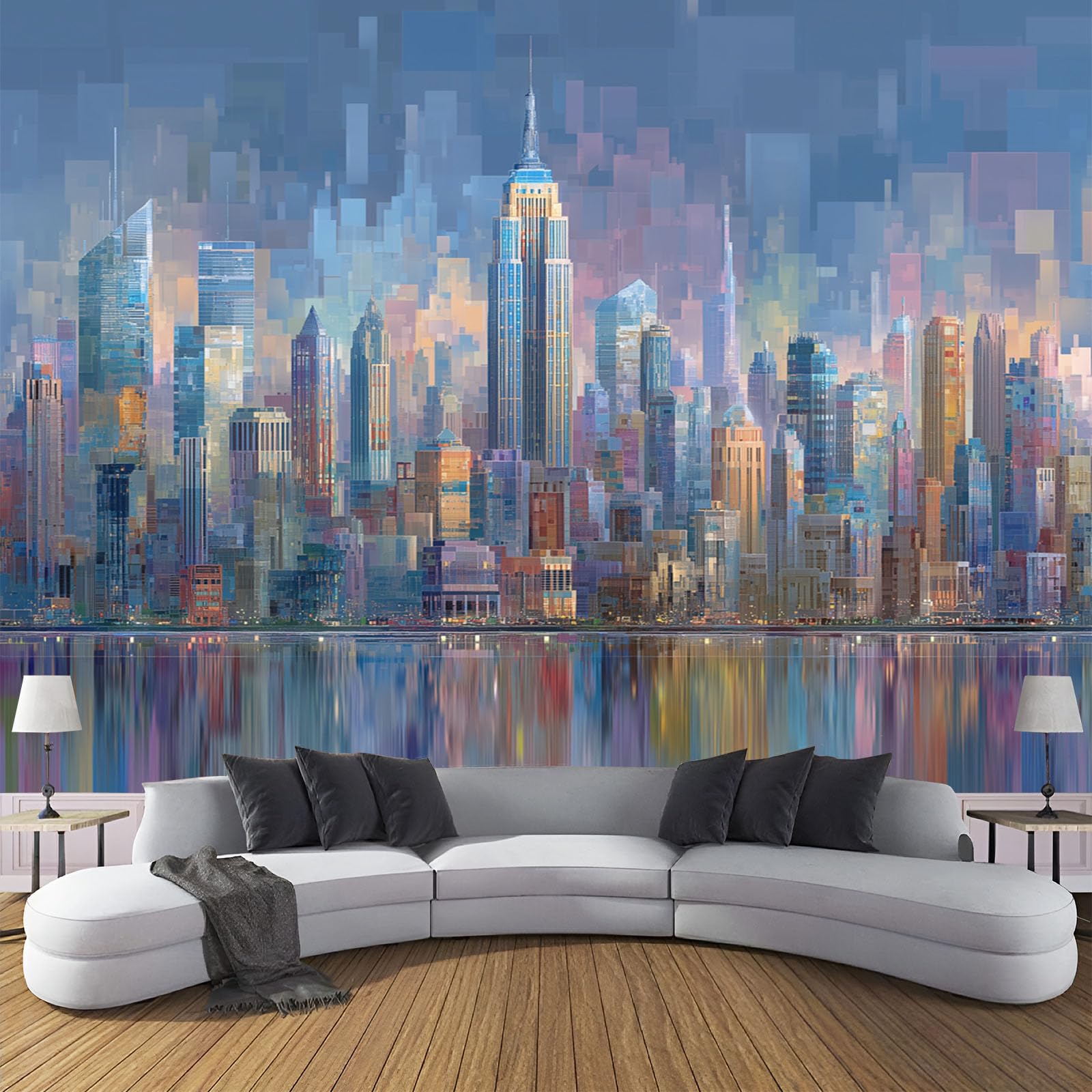 Fresque murale New York aquarelle pour créer une ambiance loft dans votre salon