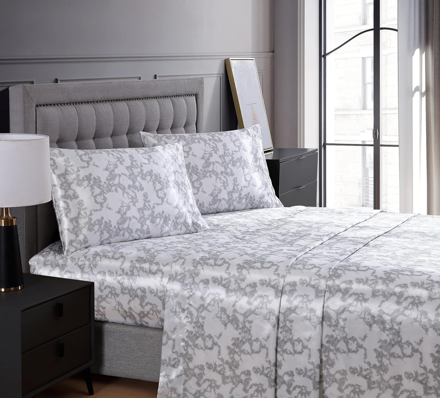Beatrice Home Fashions 100% Luxury Satin Polyester Sheet Set, King, Marble