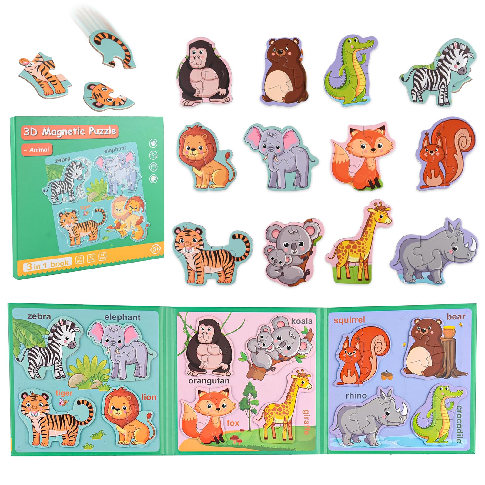 ASTARON 3D Magnetic Animal Puzzle with 60 Puffy Stickers for Toddlers, 41 Pieces Puzzles Preschool Education Learning Travel Toys Car Plane Activities