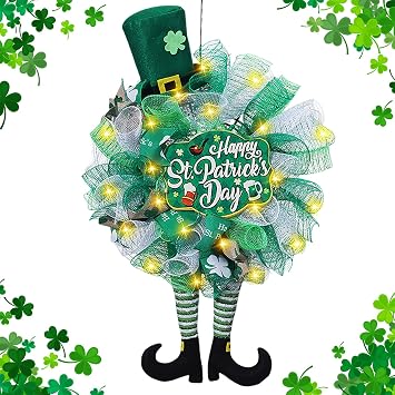 St. Patricks Day Wreath for Front Door with Lights, 25 Inch St Patricks Day Mesh Wreath for Front Door Farmhouse Spring Saint Pattys Day Decorations Party Supplies Green