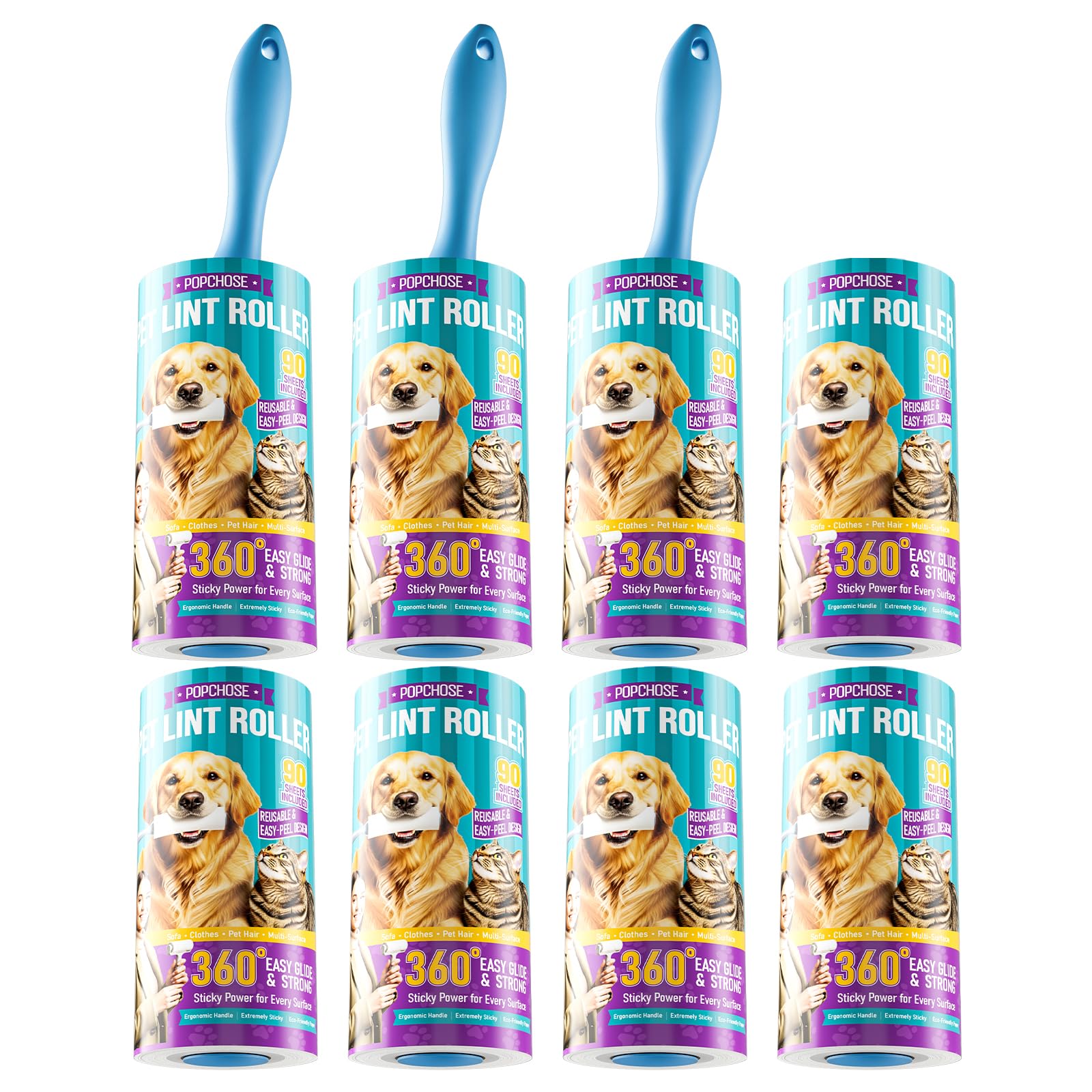 POPCHOSE Lint Roller for Pet Hair Extra Sticky, 720 Sheets with 3 Handles