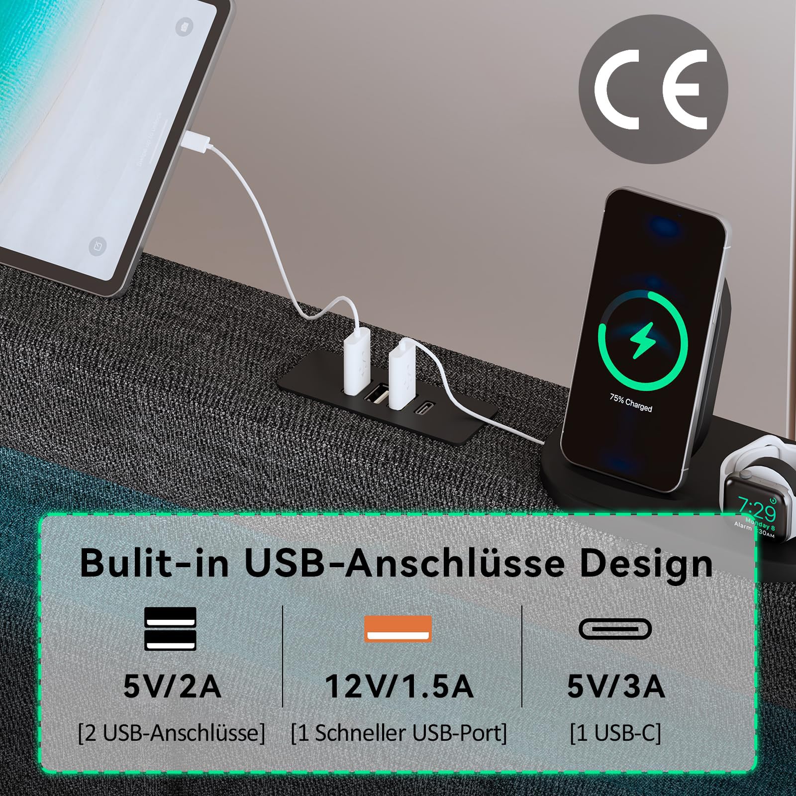 Modernes Polsterbett 90x200cm | Grau | USB-C Ladefunktion | LED-Beleuchtung | 2 Schubladen | Smart Home App | Fernbedienung | Robuster Lattenrost | Jugendbett | Stauraumbett