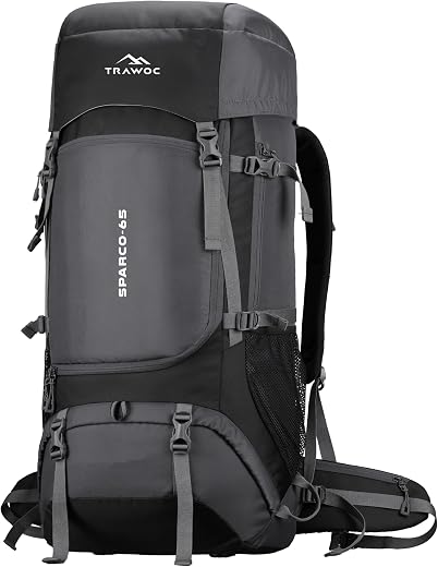TRAWOC SPARCO 65L Travel Backpack Hiking Trekking Bag Camping Rucksack for Men &amp; Women, Rain Cover/Shoe Compartment HK009,...