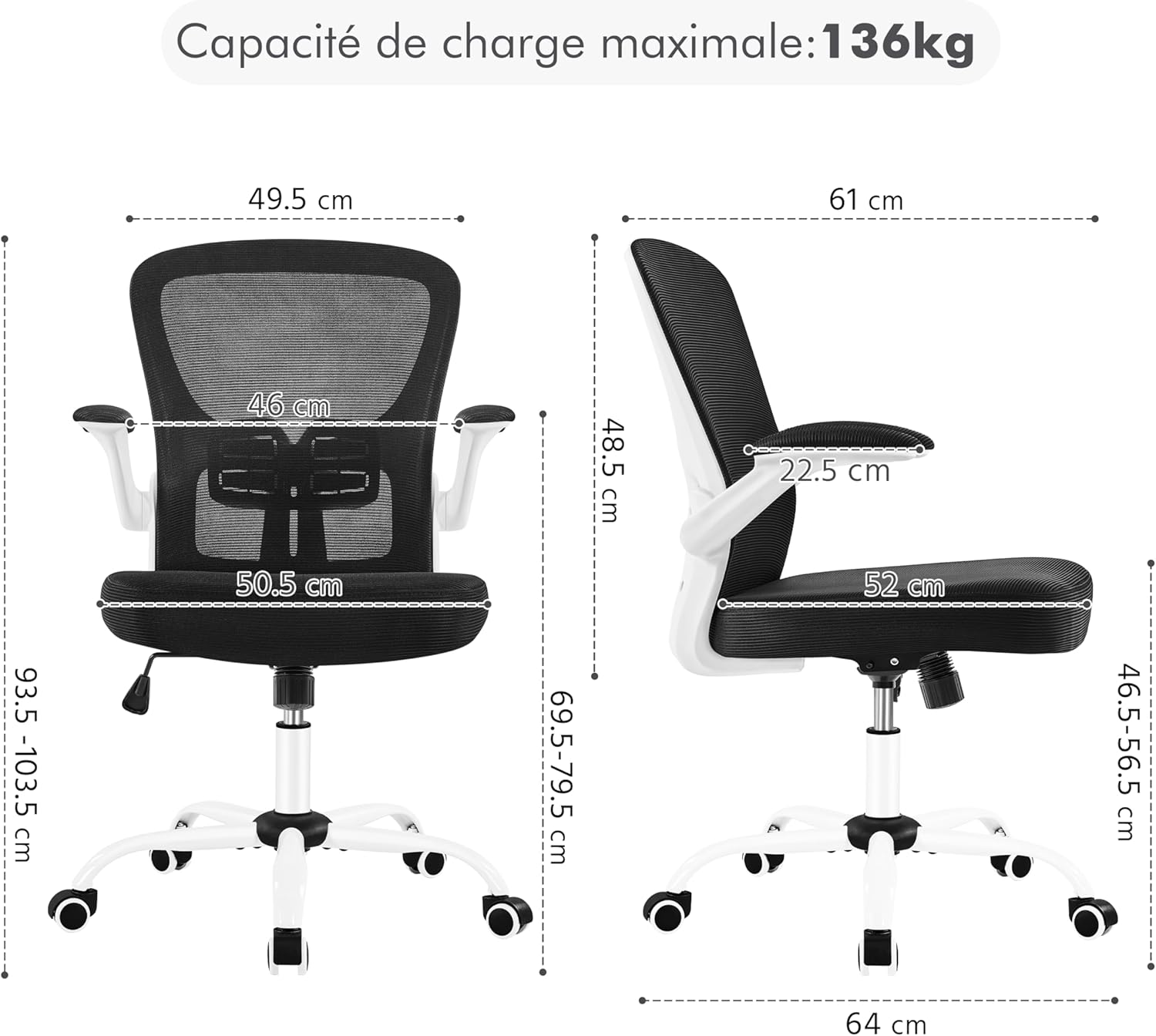 Detailed dimensions and maximum load capacity of the Yaheetech Office Chair