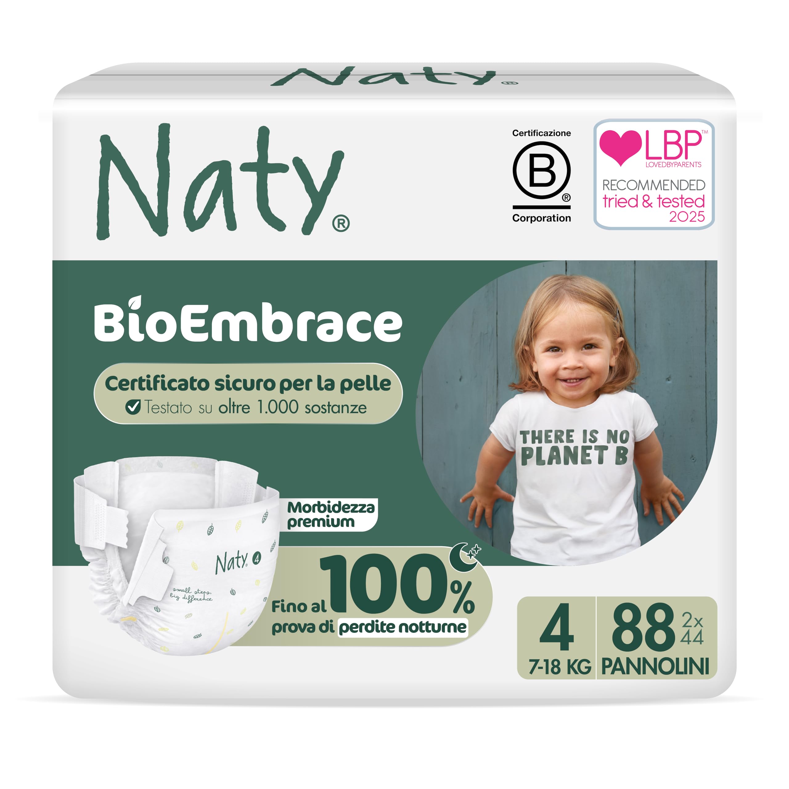 Naty BioEmbrace Pannolini per Bambini Taglia 4 (7–18 kg) | 100% a base vegetale sulla Pelle | Morbidezza vegetale, Dermatologicamente Testati, Super Assorbenti | 88 Pezzi