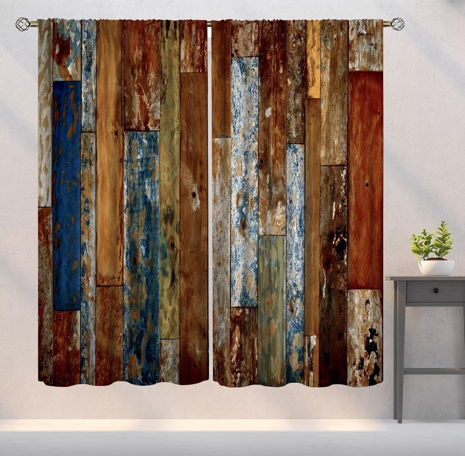 Rustic Wood Barn Door Curtains Vintage Farmhouse Country Colorful Plank Art Printed Blackout Window Treatment for Bedroom Living Room Decor Fabric 2 Panel 84x84 Inch 80% Shading Rate