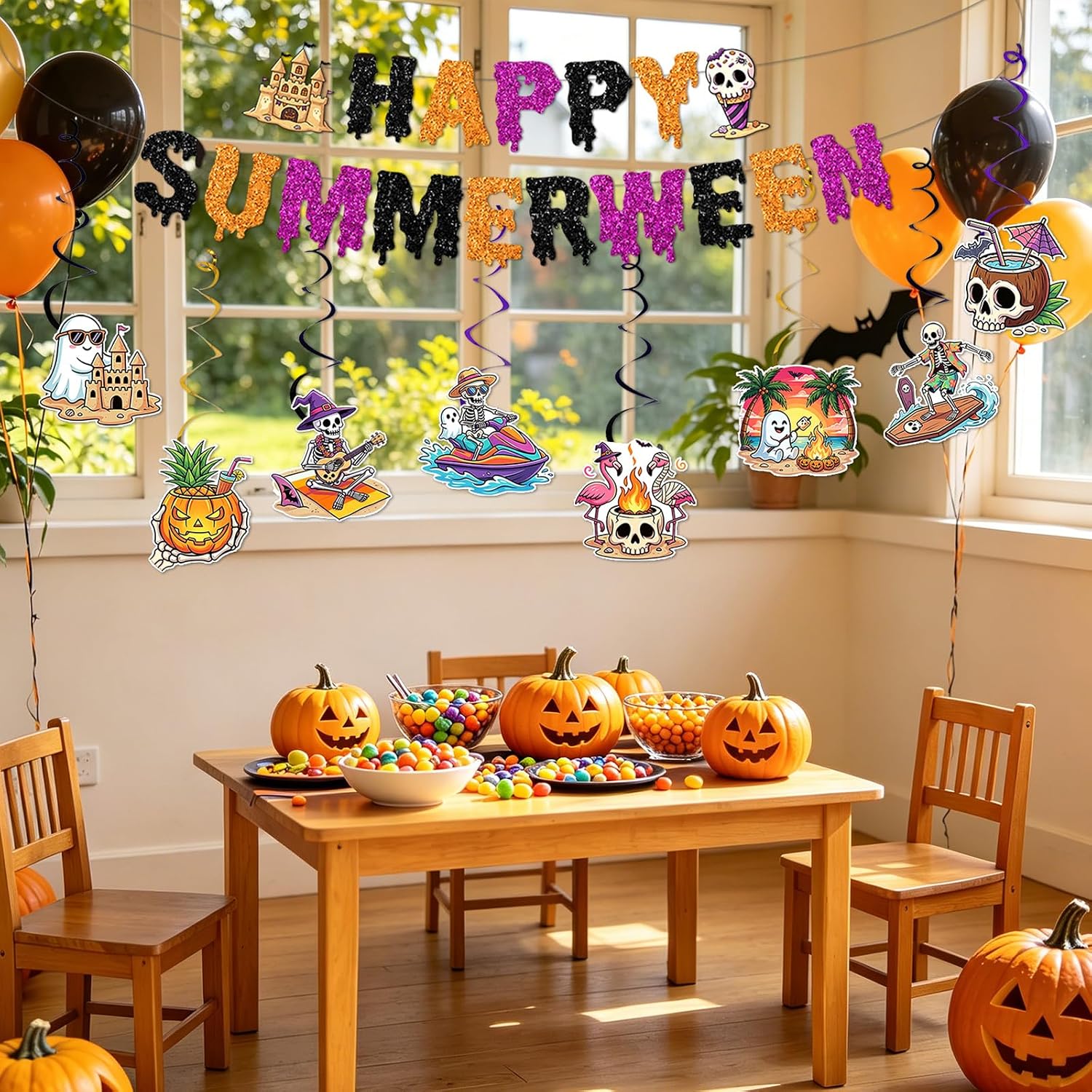 Summer Halloween Party Decorations, Happy Summerween Banner and Hanging Swirls, Halloween In Summer Decor