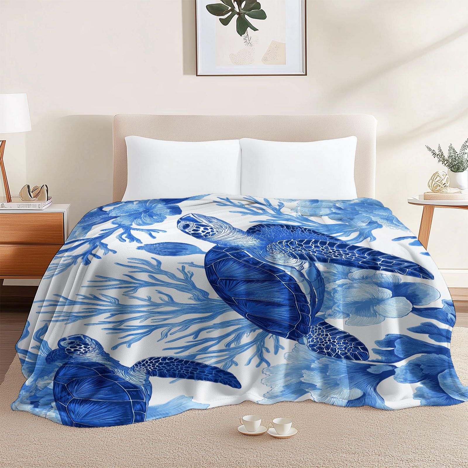 Decke Flanell 150 x 200 cm Geschenke für Frauen und Männer - Handgezeichnete Korallentiere Witzige Geschenke für Freunde zu Weihnachten und Geburtstag, Blau Weiß