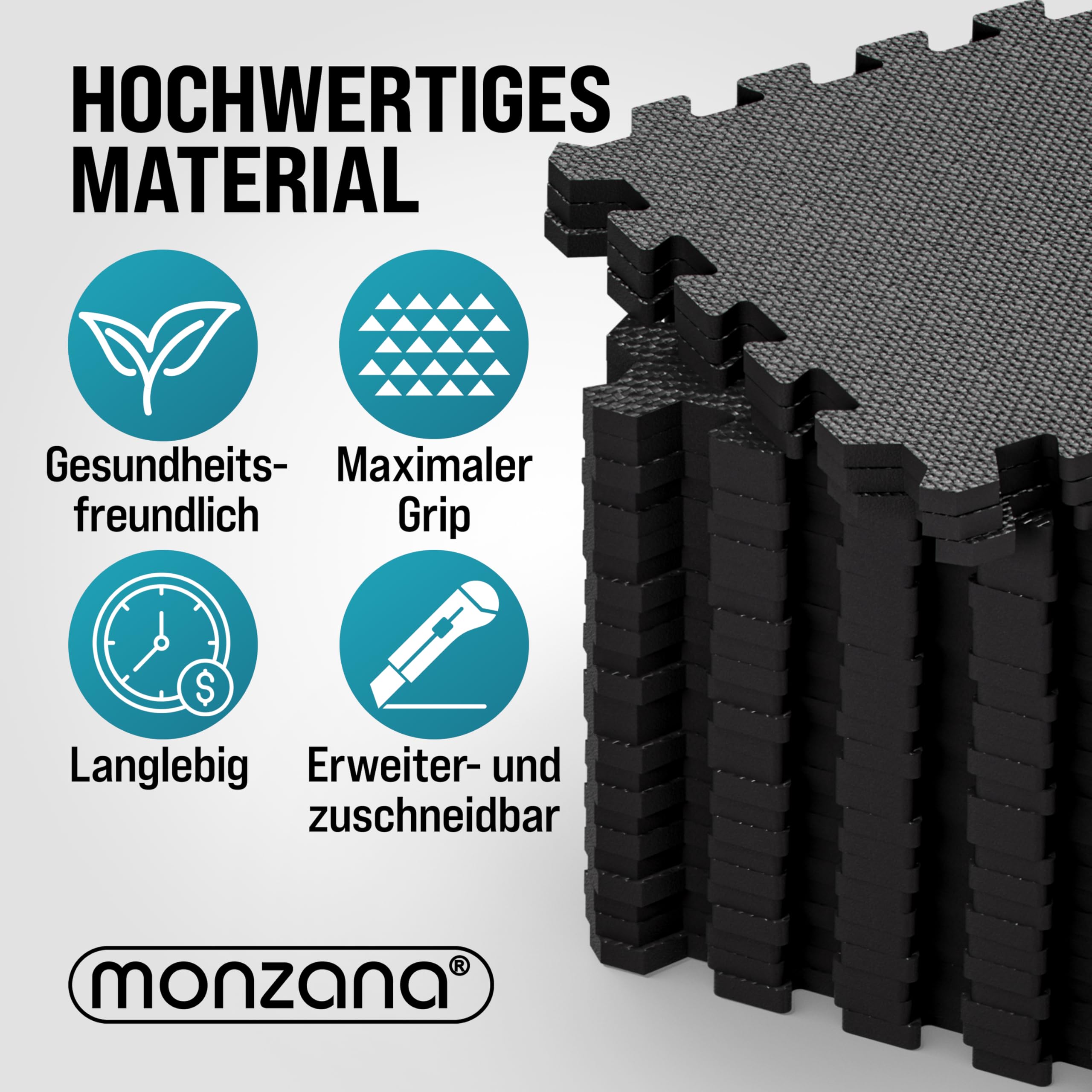 MONZANA® 18x Bodenschutzmatten Fitness & Pool mit Randstücken 30 x 30 cm 1,5 qm rutschfest Eva-Schaumstoff Puzzlematte Trainingsmatten Fitnessgeräte