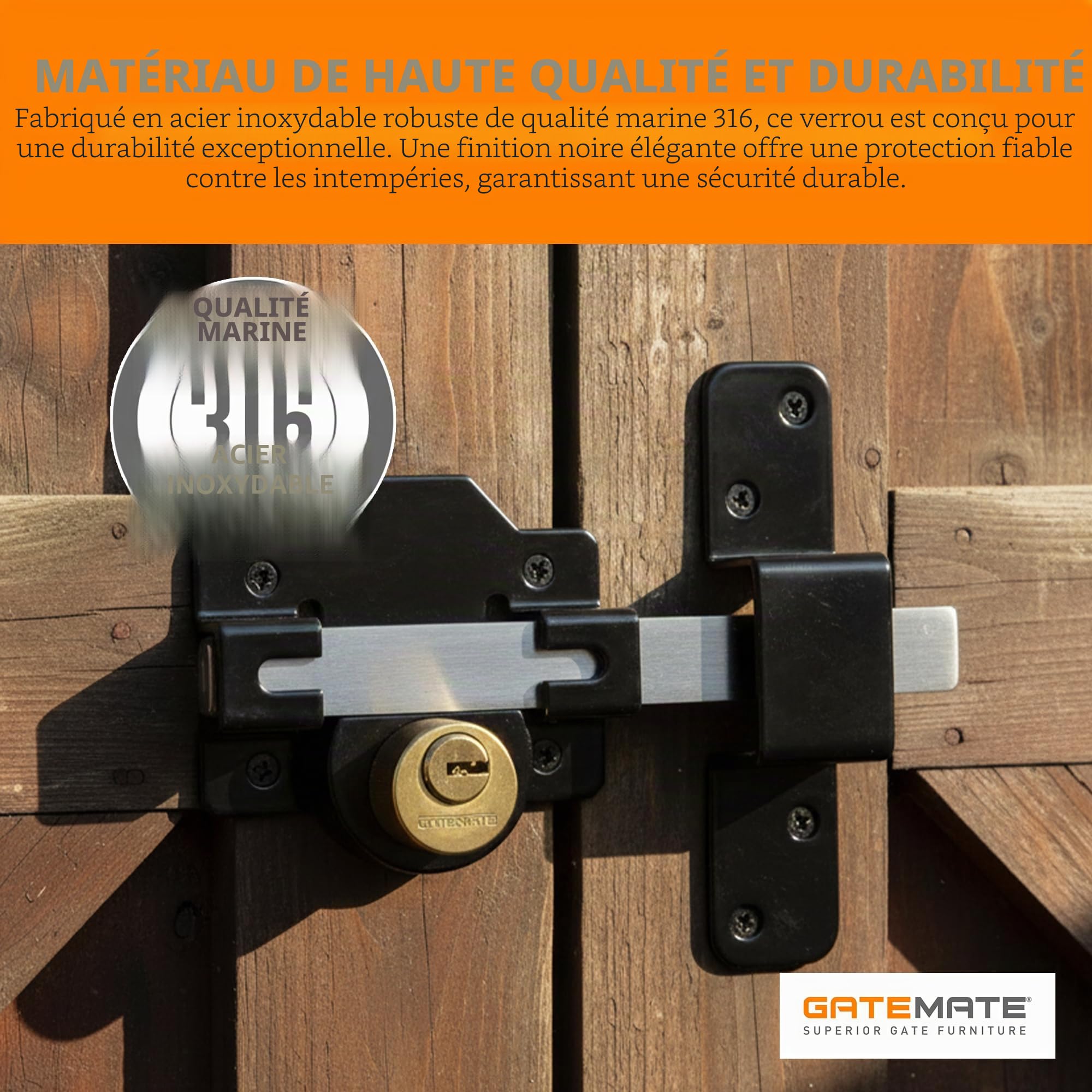 Gatemate Double verrouillage de porte avec long verrou pour portes et portails de 70 mm d'épaisseur en acier inoxydable 5 clés