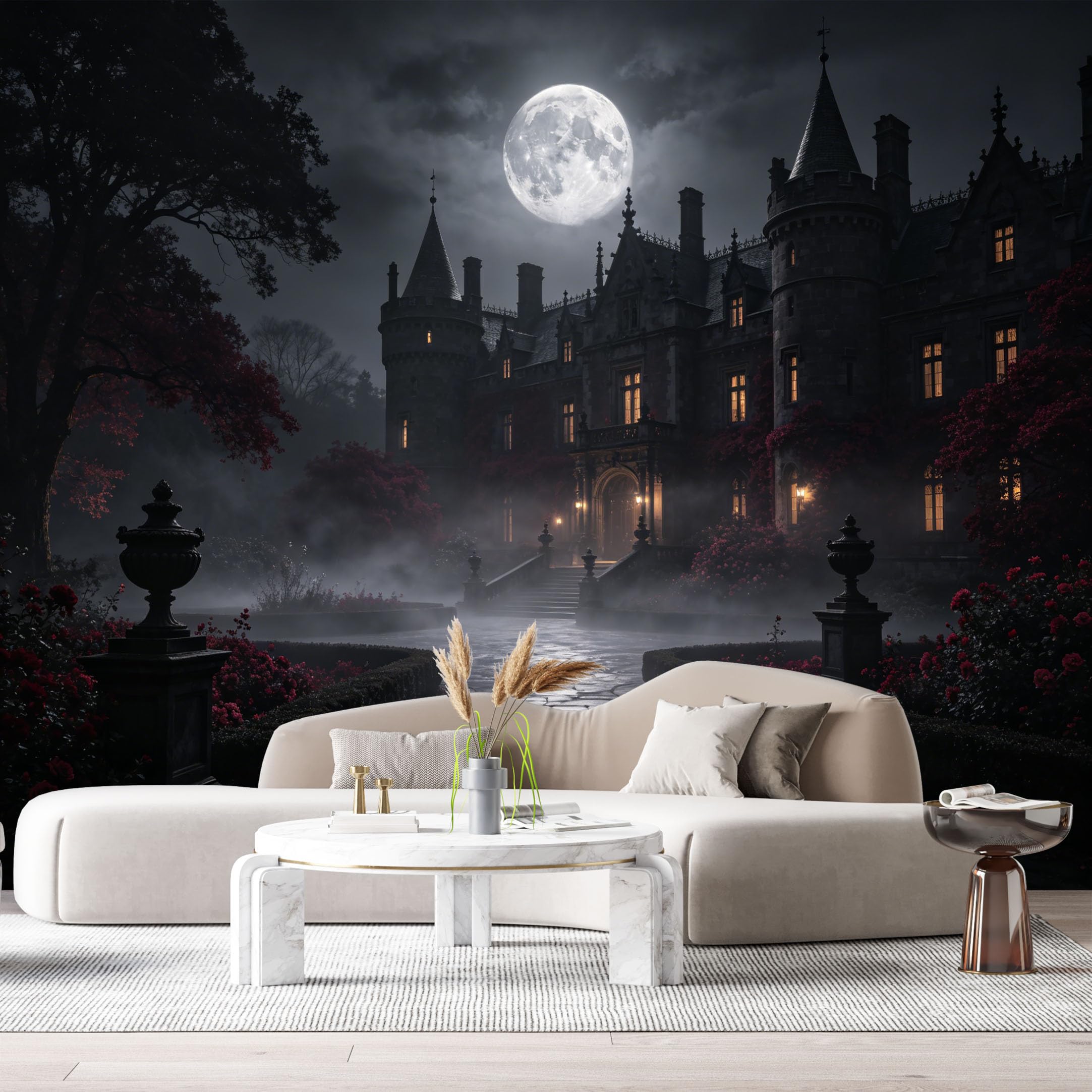 Custom Size Wall Murals Gothic Castle Landscape Moonlit Night Fog Garden Path SelfAdhesive Wall Fabric Removable Large Wallpaper for Photo Living Room