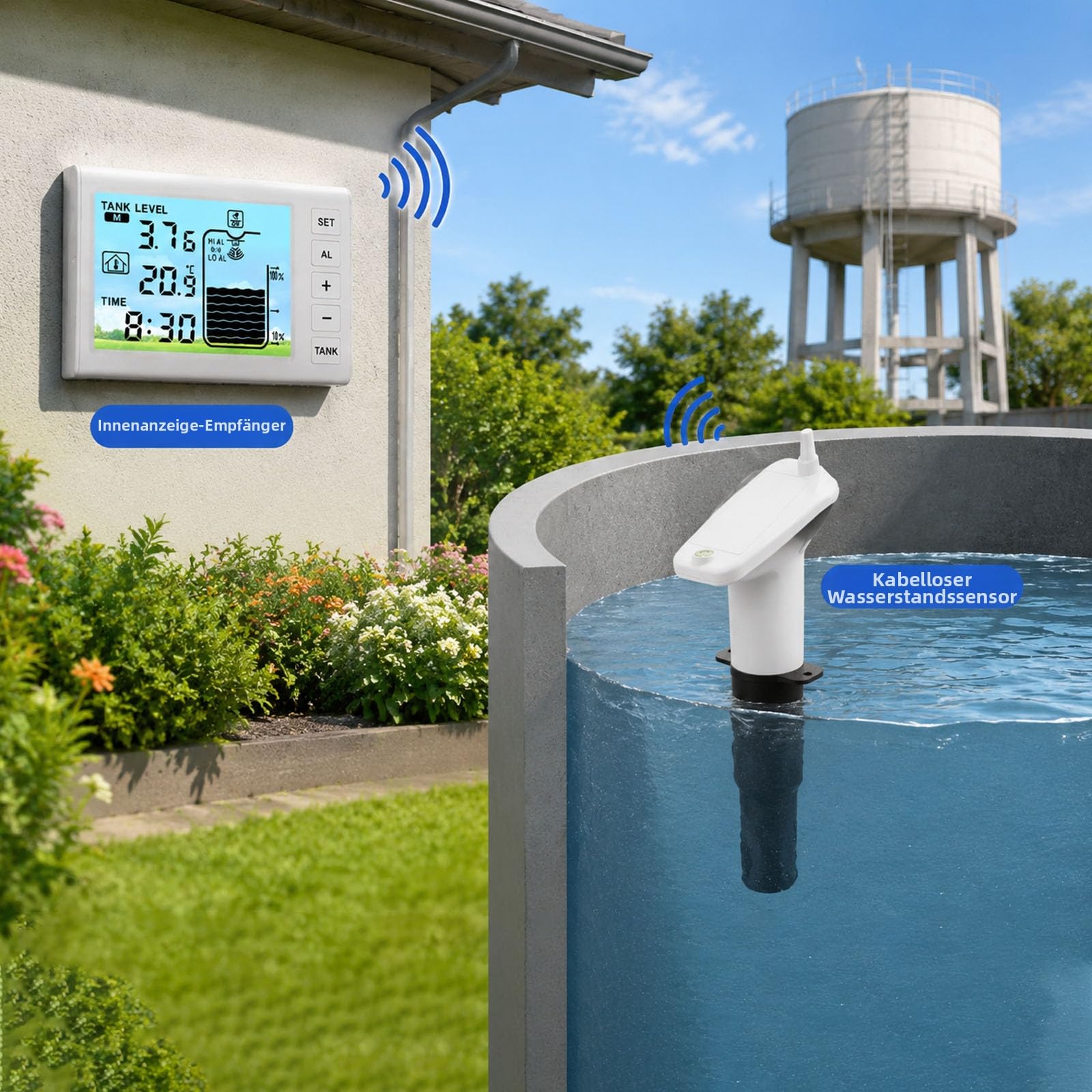 Kabelloser Wasserstandsanzeiger 1-5 m Reichweite, 4,3 Zoll Display Tank Monitor mit Alarm bei niedrigem Niveau, IP65 wetterfester Sensor für und Heimgebrauch, Weiß