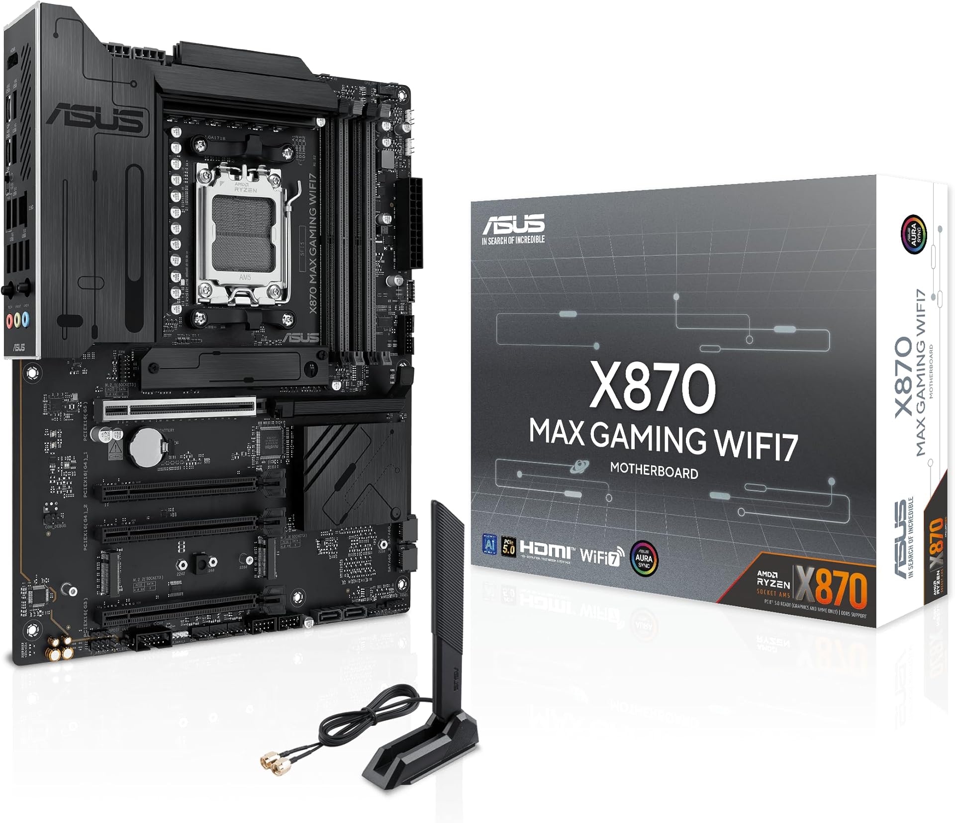 ASUS X870 MAX Gaming WIFI7 AMD AM5 ATX Motherboard, 12+2+1 80A DrMOS, DDR5, PCIe 5.0 x16 Q-Release, 3X M.2, Wi-Fi 7 Q-Antenna, 2.5Gb LAN, USB4® Type-C®, USB-C® 20Gbps, BIOS Flashback™, Aura Sync