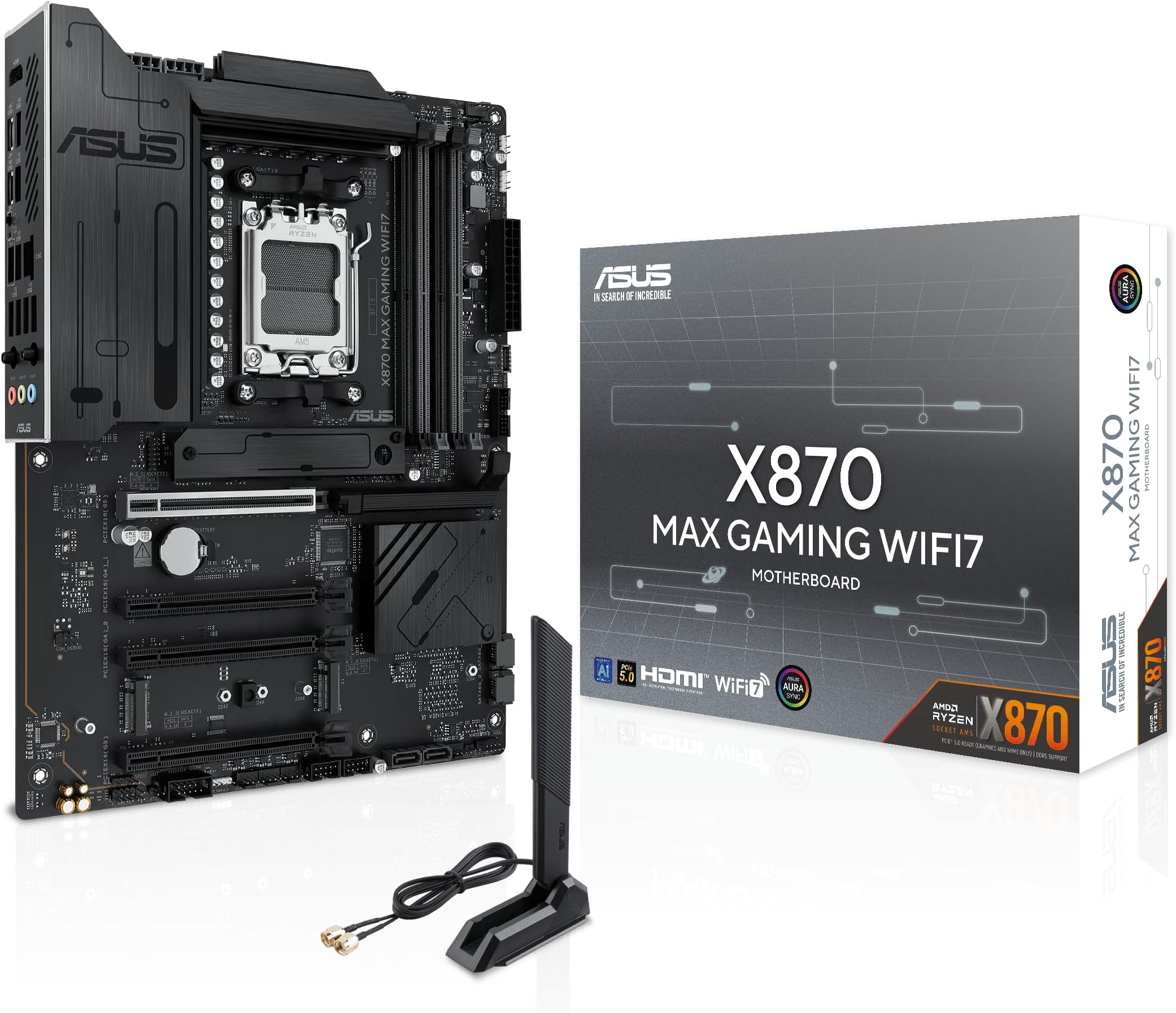 ASUS X870 MAX Gaming WIFI7 AMD AM5 ATX Motherboard, 12+2+1 80A DrMOS, DDR5, PCIe 5.0 x16 Q-Release, 3X M.2, Wi-Fi 7 Q-Antenna, 2.5Gb LAN, USB4® Type-C®, USB-C® 20Gbps, BIOS Flashback™, Aura Sync
