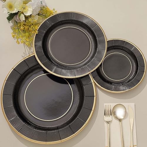 Efavormart - Paquete de 25 platos de papel desechables para cena de 10 pulgadas, color negro metálico, rayo de sol, 10 pulgadas, 350 GSM