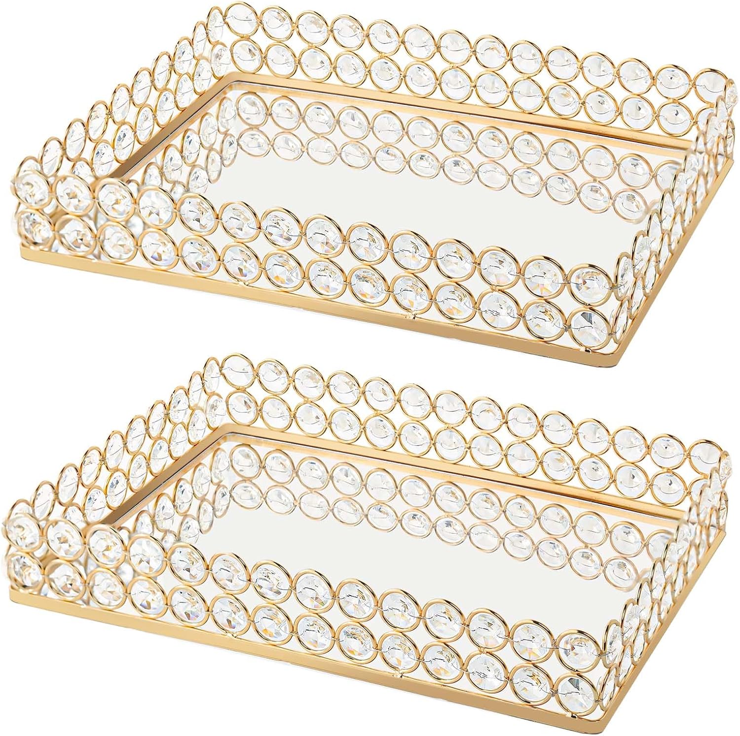 2 Pcs Gold Metal Crystal Mirror Tray - 11.2"x8.1" Table Centerpieces Tray, Multi-Functional Display for Flowers/Cupcakes/Jewelry, Vanity Organizer & Wedding Dessert Table Accent