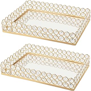 2 Pcs Gold Metal Crystal Mirror Tray - 11.2