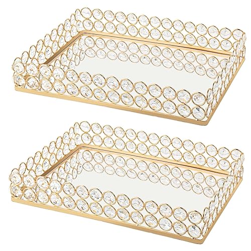 2 Pcs Gold Metal Crystal Mirror Tray - 11.2"x8.1" Table
