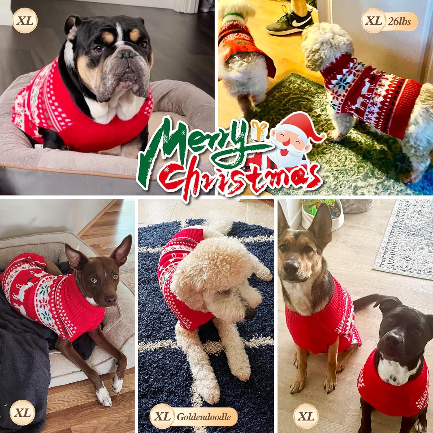 KYEESE Dog Christmas Sweater, Warm Turtleneck Dog Sweater for Small Dogs Boy Girl with Snowflake & Reindeer Pattern, Cozy Doggie Knitwear with Leash Hole, Soft Festvial Pet Clothes, X-Large