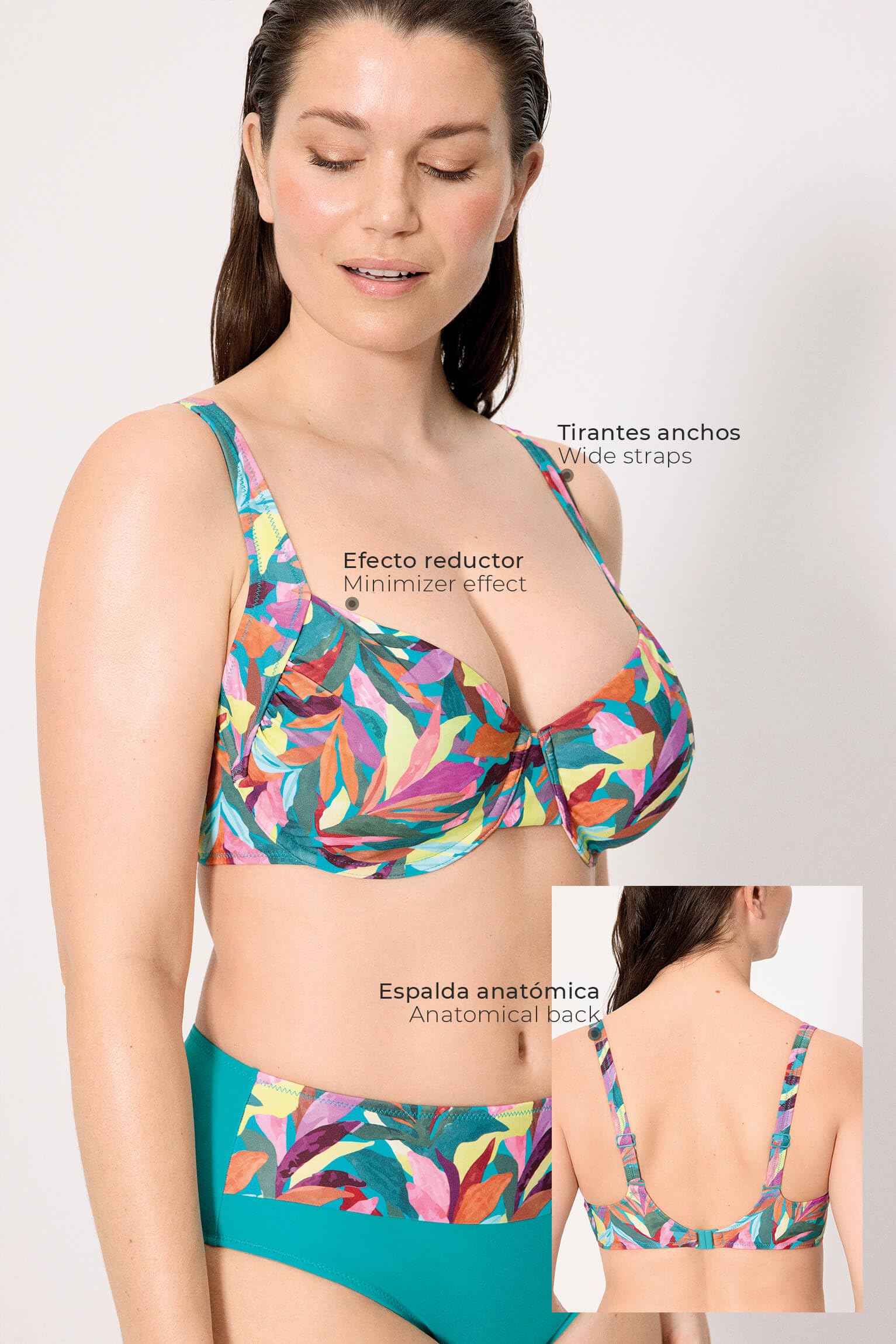 YSABEL MORA. Top Bikini Reductor Estampado Hojas. Top Aro Reductor Sin Relleno con Tirantes Anchos para Mayor Confort .Colección Turquoise.