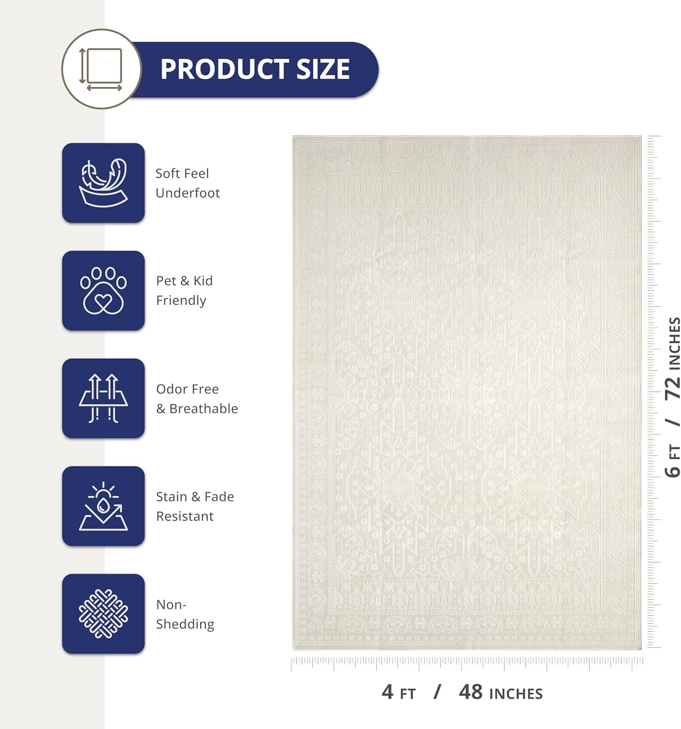 Abani Regal Cream Area Rug - 4 x 6 - for Living Room, Bedroom - Washable Tone-on-Tone Vintage Design - Soft, Durable