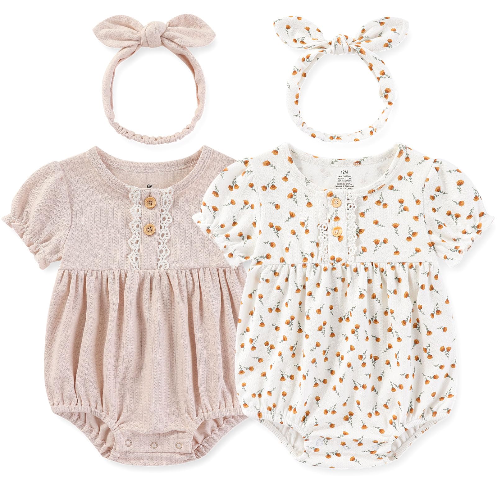 Ruliby Baby Girl Clothes Cotton Bubble Romper Floral Bodysuits Infant Outfit Set