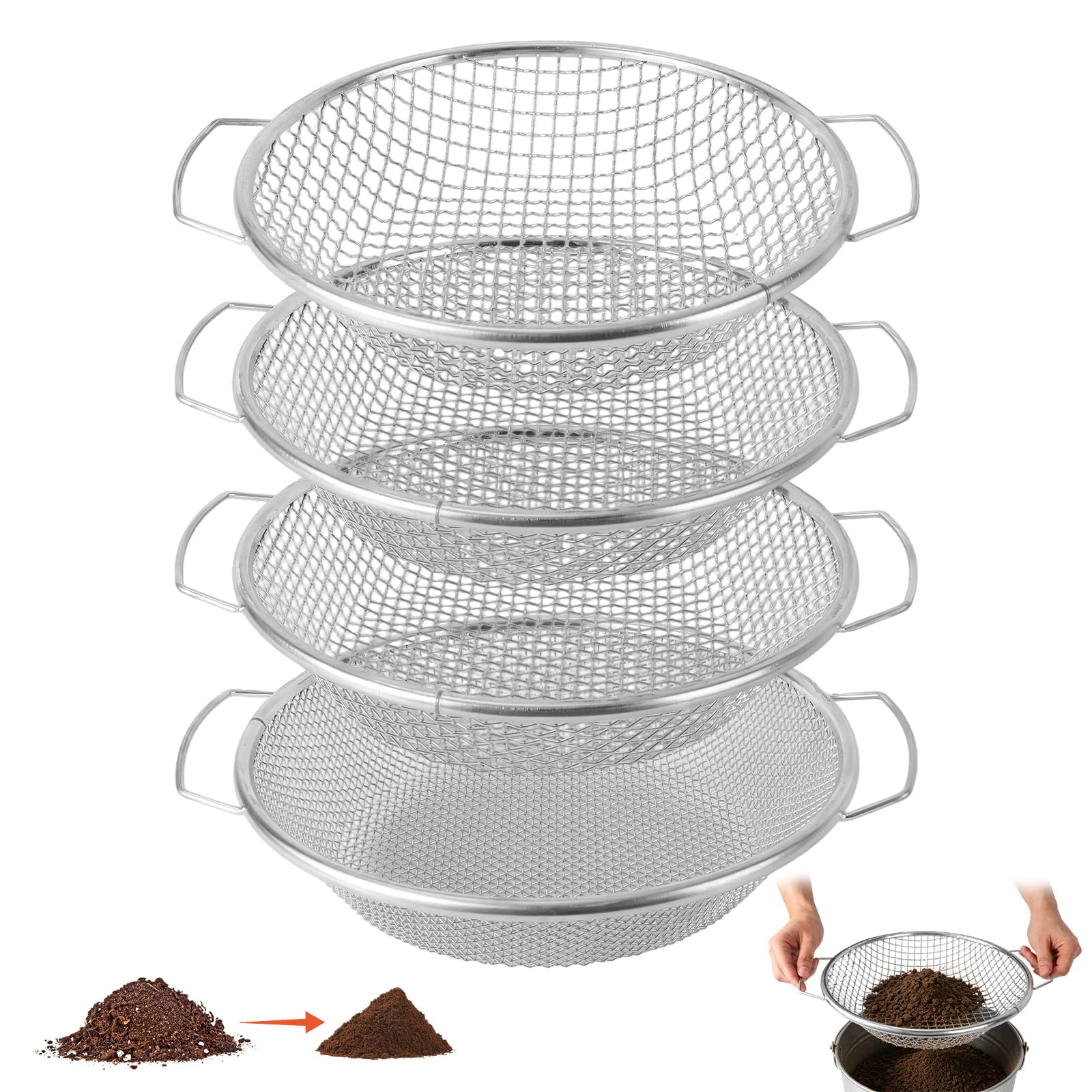 Lot de 4 Tamis Jardinage, Mailles de 3/6/8/10 mm avec Bac et Plateau Tamisage Robustes pour Sable Pierres Compost Gravier et Sciure Idéal pour Le Sable Les Pierres Le Compost la Sciure Bois