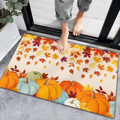 Bath Rugs Entrance Non Slip Front Door Mat Farm Thanksgiving Pumpkin Kitchen Carpets Orange Red Maple Leaves Floor Mats for Bathroom Bedroom Living