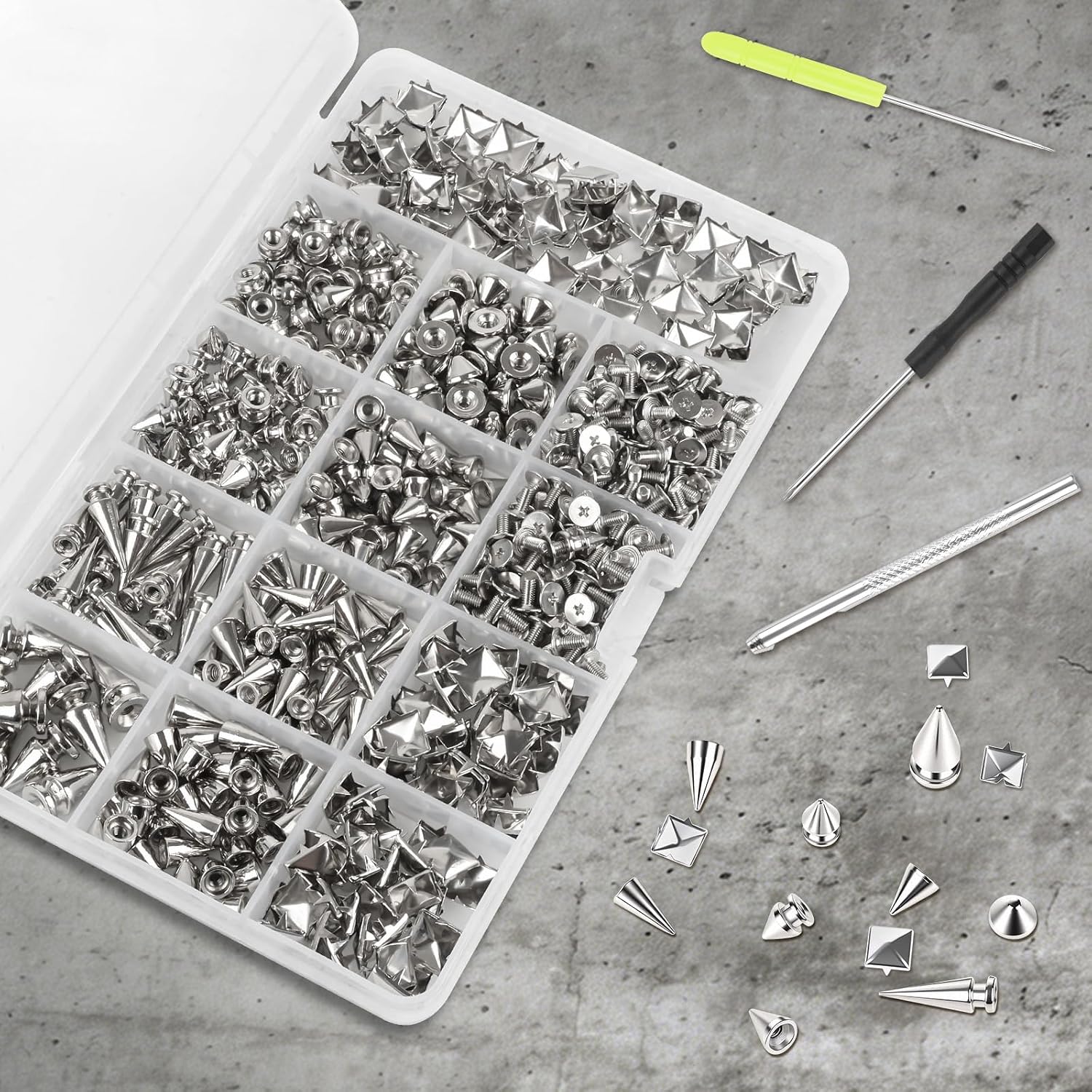 550 Sets Punk Studs and Spikes Kit, Square Pyramid Studs, 8 Sizes Metal Tree Spikes Studs for Clothing, Leather Craftsmanship, Punk Style Clothing, Jackets, Shoes, Belt Bags, Dog Collars