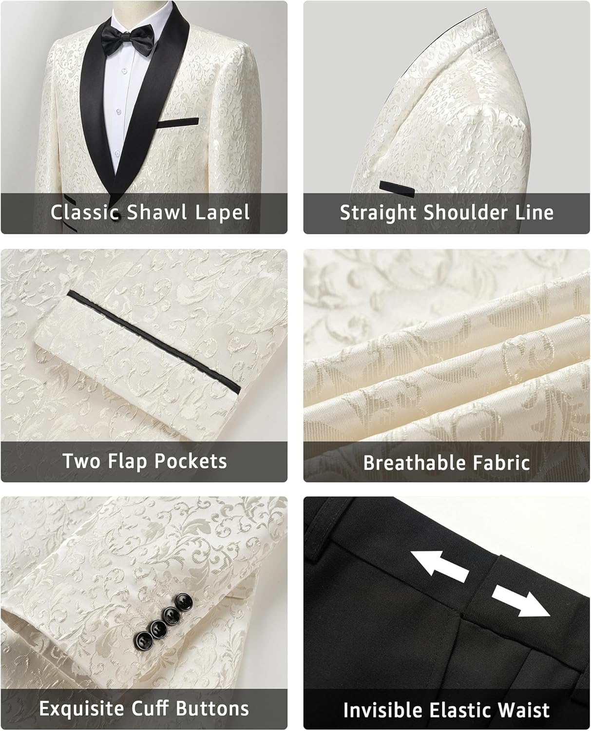 YND Men's 3 Piece Slim Fit Suit Set, One Button Shawl Lapel Floral Pattern Party Blazer, Jacket Pants with Bow Tie