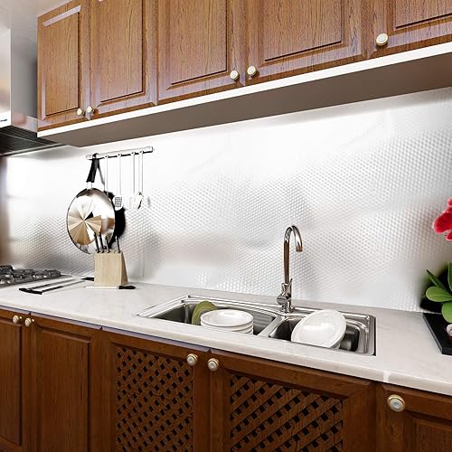 Miniatura 7 de Adhesivo de papel de aluminio impermeable a prueba de aceite, papel tapiz de cuadros plateados, extraíble y autoadhesivo, para encimeras de cocina,