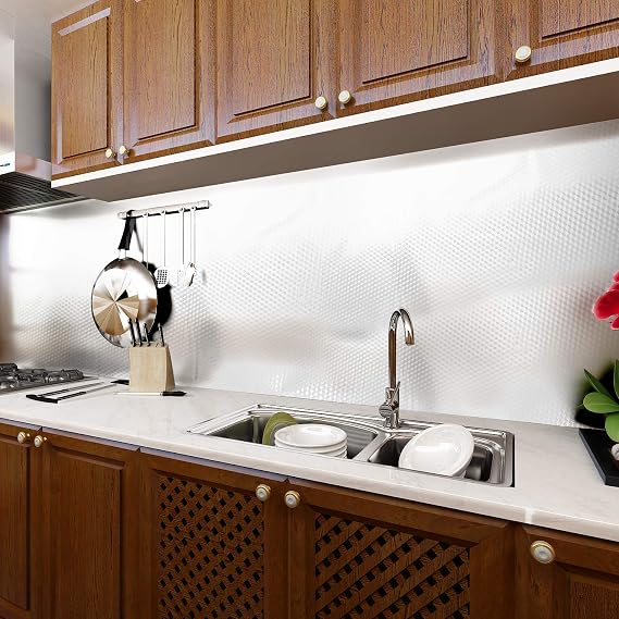 Aluminum Foil Peel and Stick Wallpaper,Silver Chequer,15.7x197